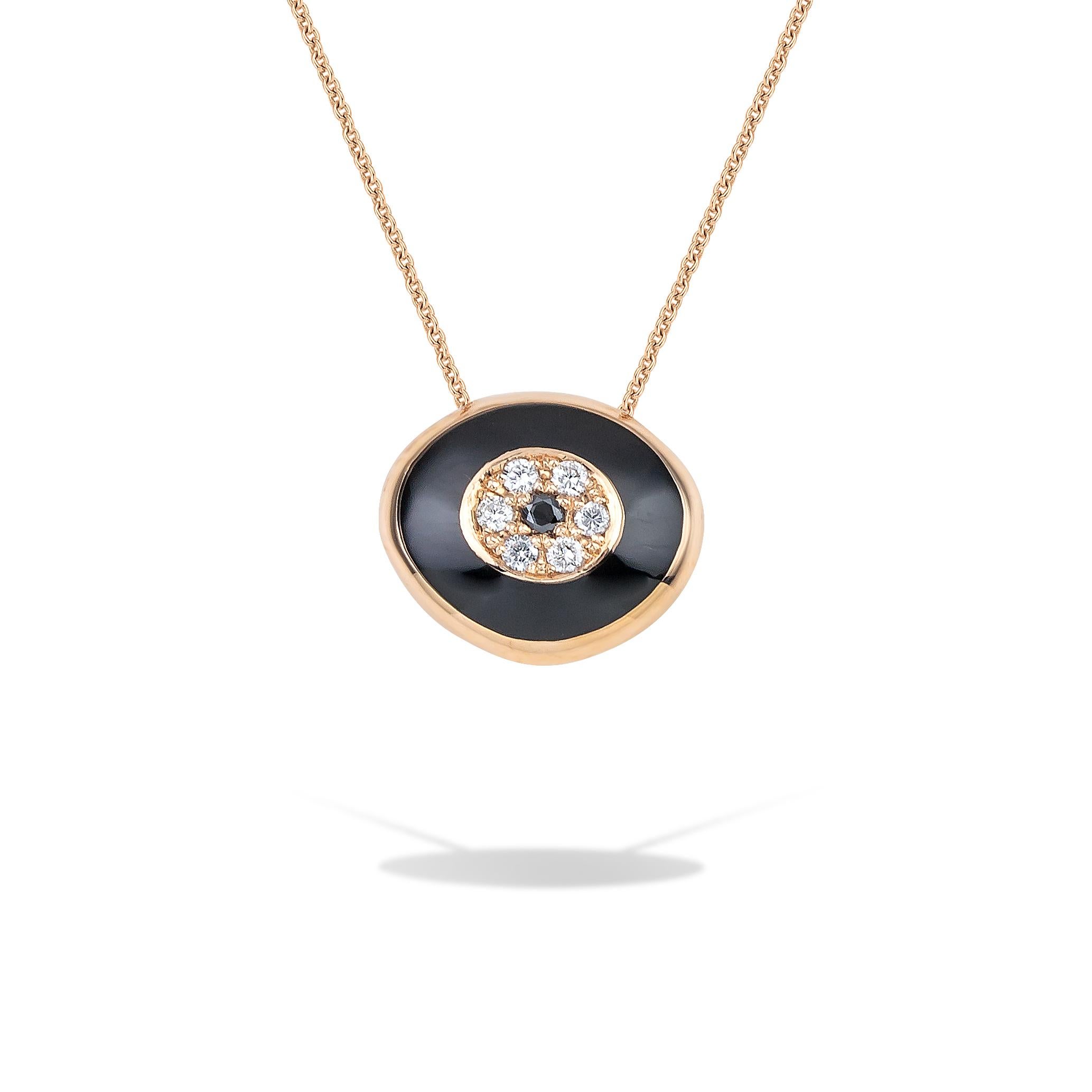 Greek Evil Eye pendant necklace in 18kt rose gold with black enamel, white brilliant cut diamonds and a central black diamond.
In the greek culture the evil eye protects the one who wears it from the negative energy and stops the bad thoughts from