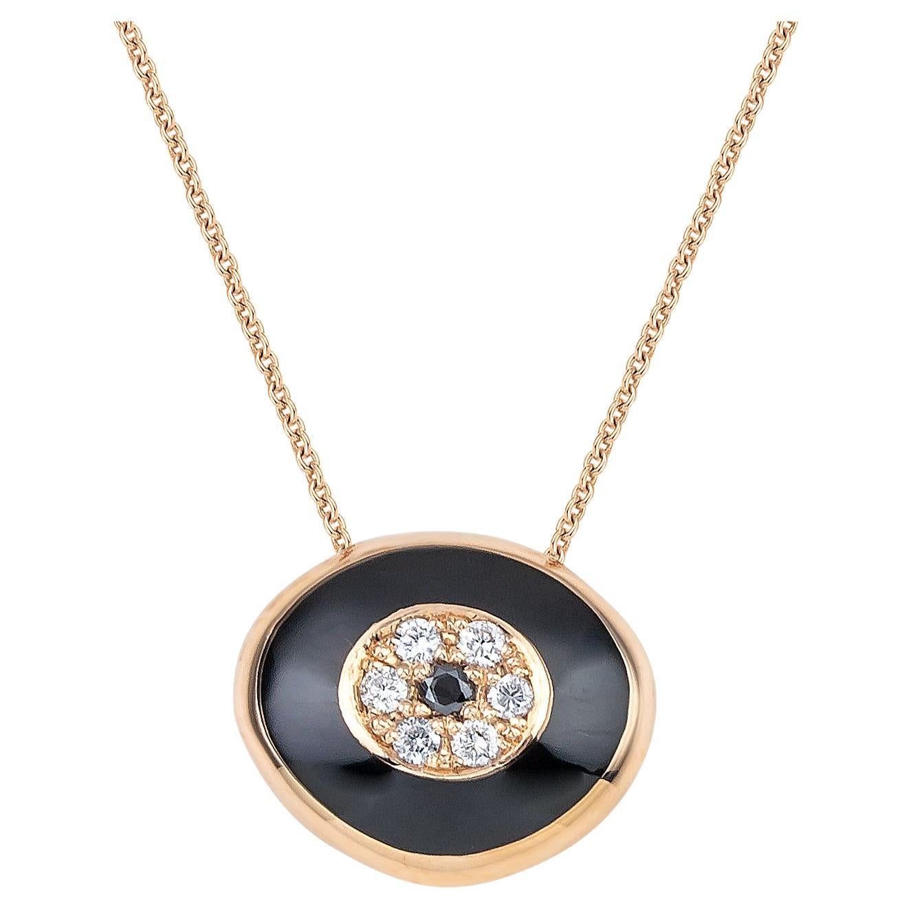 Greek Evil Eye Enameling Necklace 18Kt Rose Gold with White & Black Diamonds For Sale