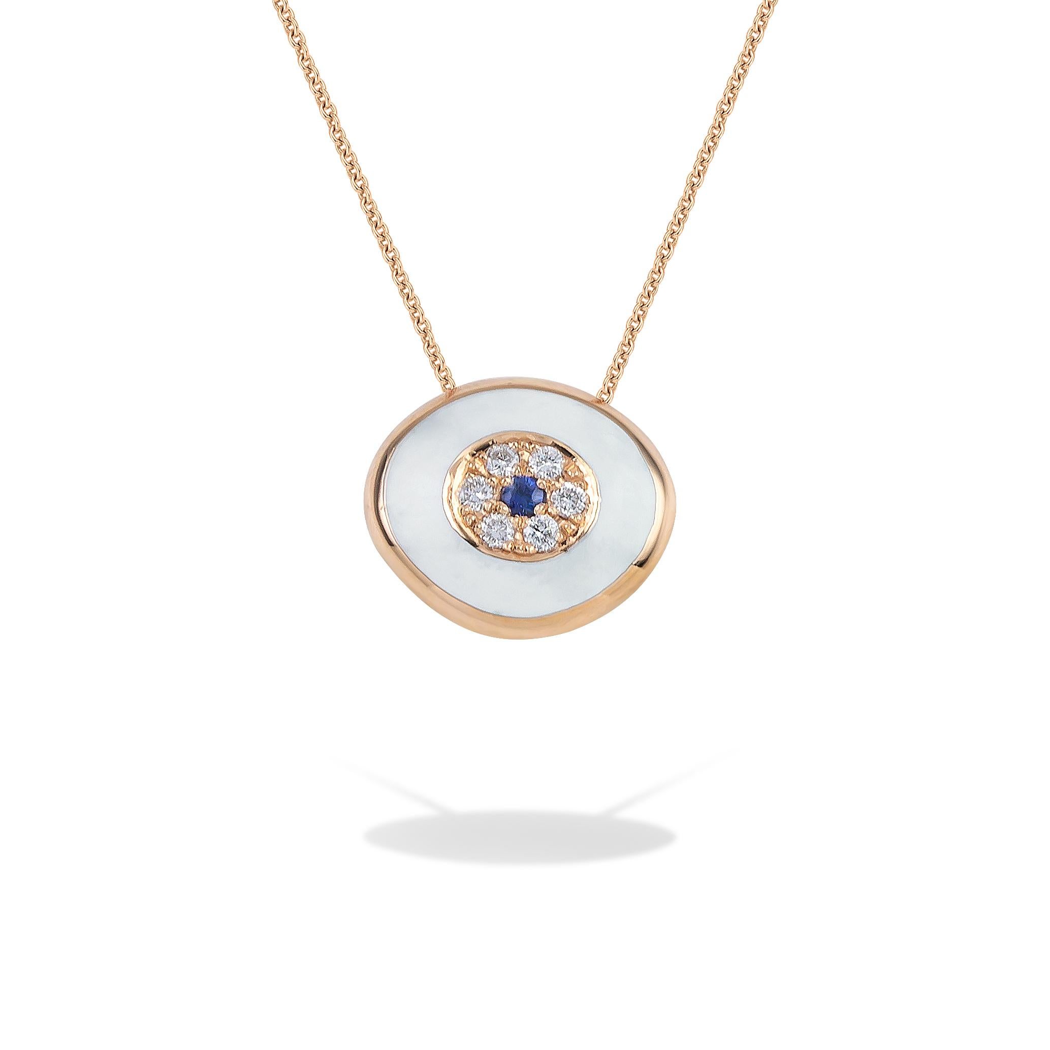 Greek Evil Eye pendant necklace  in 18Kt Rose Gold with white enamel, white brilliant cut diamonds and a central sapphire.
In the greek culture the evil eye protects the one who wears it from the negative energy and stops the bad thoughts from