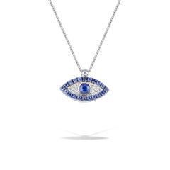 Collar Colgante Mal de Ojo Griego Oro Blanco 18Kt con Zafiros Azules y Diamantes