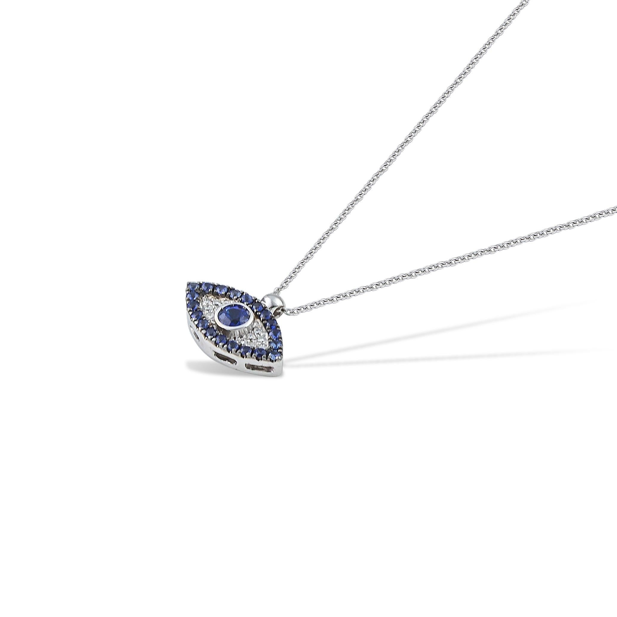 Griechische Evil Eye-Anhänger-Halskette aus 18 Karat Weißgold mit blauen Saphiren und Diamanten (Moderne) im Angebot