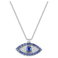Greek Evil Eye Pendant Necklace 18Kt White Gold with Blue Sapphires and Diamonds