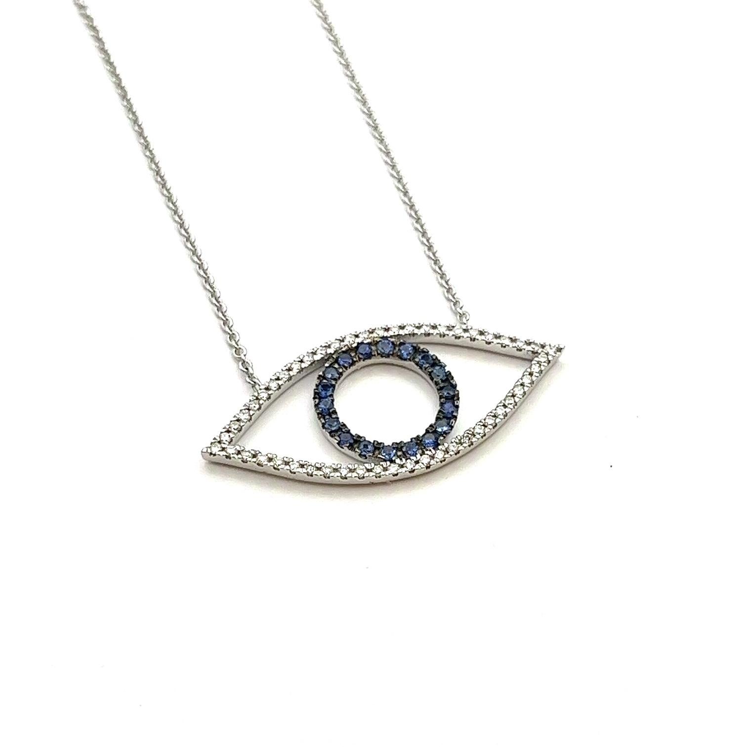 Halskette mit Evil Eye Anhänger aus 18 Karat Weißgold mit Diamanten und blauem Saphir (Brillantschliff) im Angebot