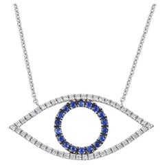 Greek Evil Eye Pendant Necklace 18Kt White Gold with Diamonds and Blue Sapphire