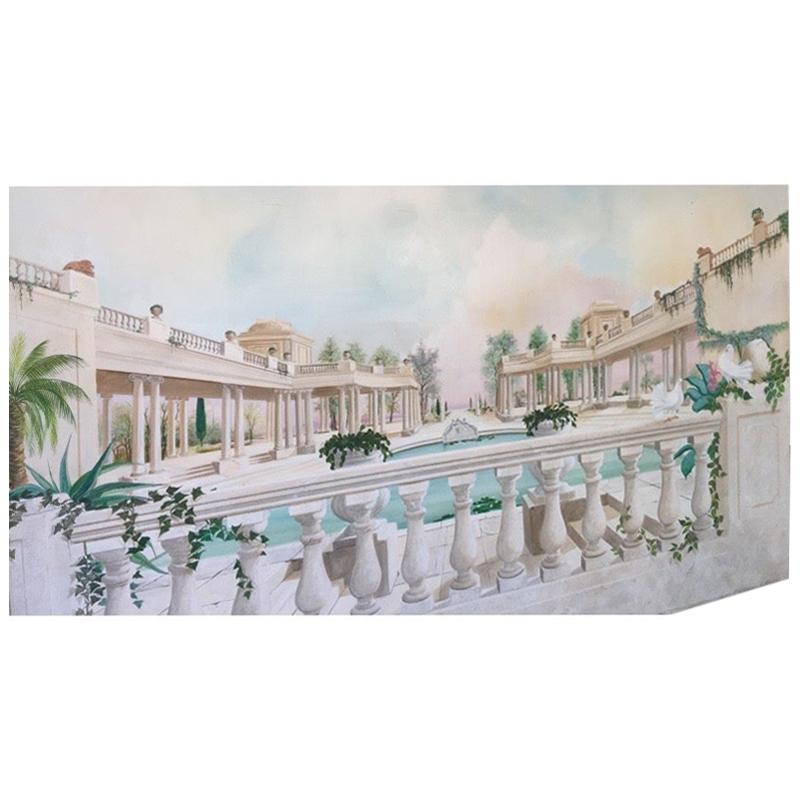 Greek Garden Panoramic Oil Painting on Canvas Panel, Signed