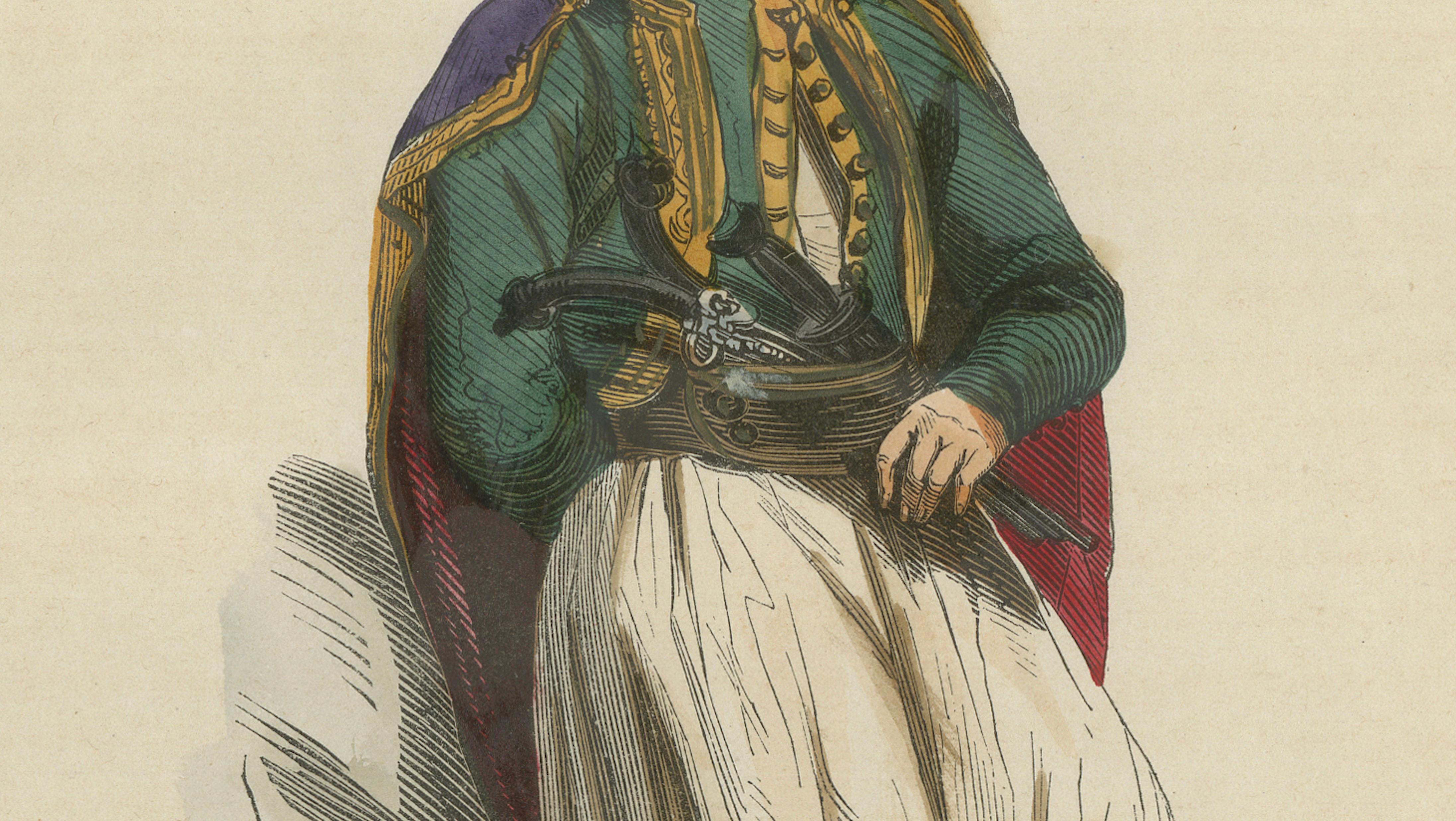 Greek Gentleman in Traditional Costume - Antique Hand-Colored Lithograph, 1852