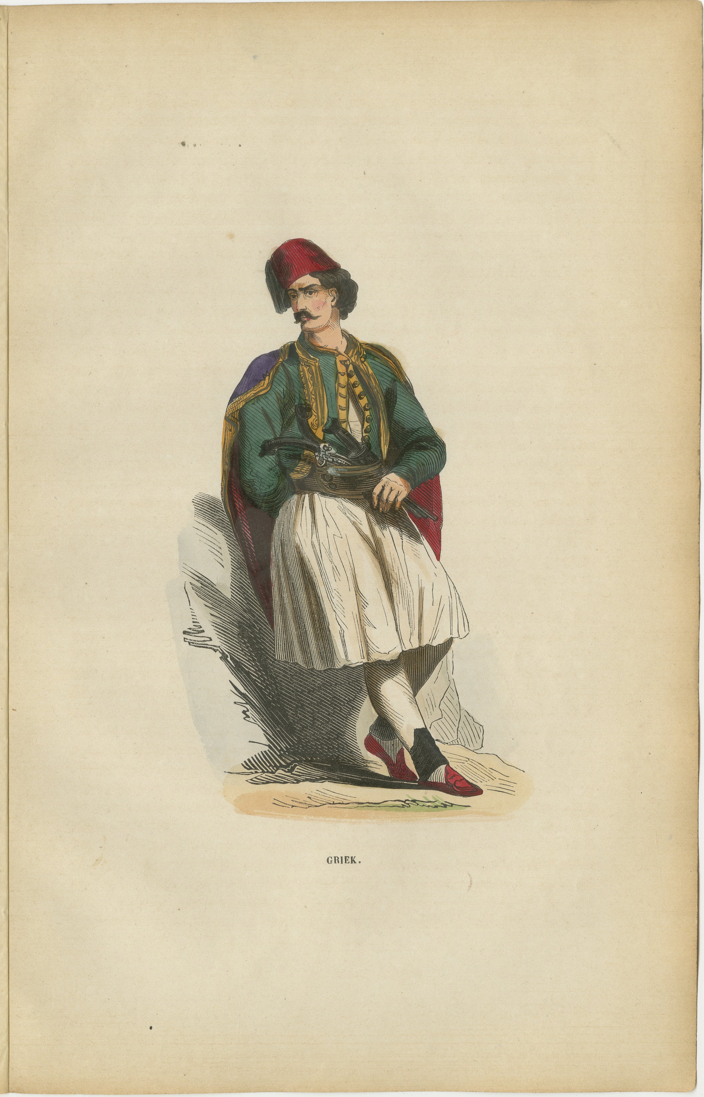 Greek Gentleman in Traditional Costume - Antique Hand-Colored Lithograph, 1852