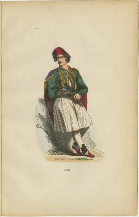 Greek Gentleman in Traditional Costume - Antique Hand-Colored Lithograph, 1852