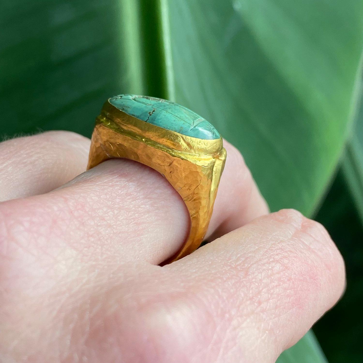 Greek Goddess w/ Vase Carved Green Turquoise Cocktail Ring, Hammered Textured 24K Gold & Silver Handmade by Prehistoric Works of Istanbul, Size 7 1/2 (cannot be resized). Gold fusion is the art of fusing gold to silver, using rolling or hammering