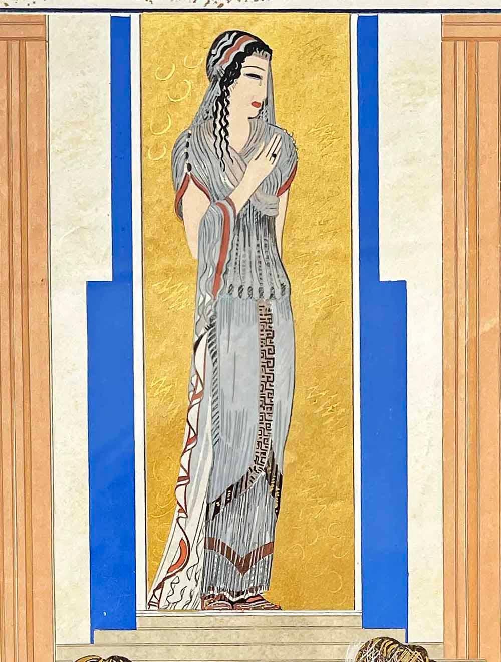 Dieses detailreiche Gemälde einer griechischen Göttin in klassischem Gewand, die auf einer Treppe steht und von zwei schwer verschleierten Dienern begleitet wird, stammt von François-Louis Schmied, der zusammen mit Georges Barbier zu den beiden
