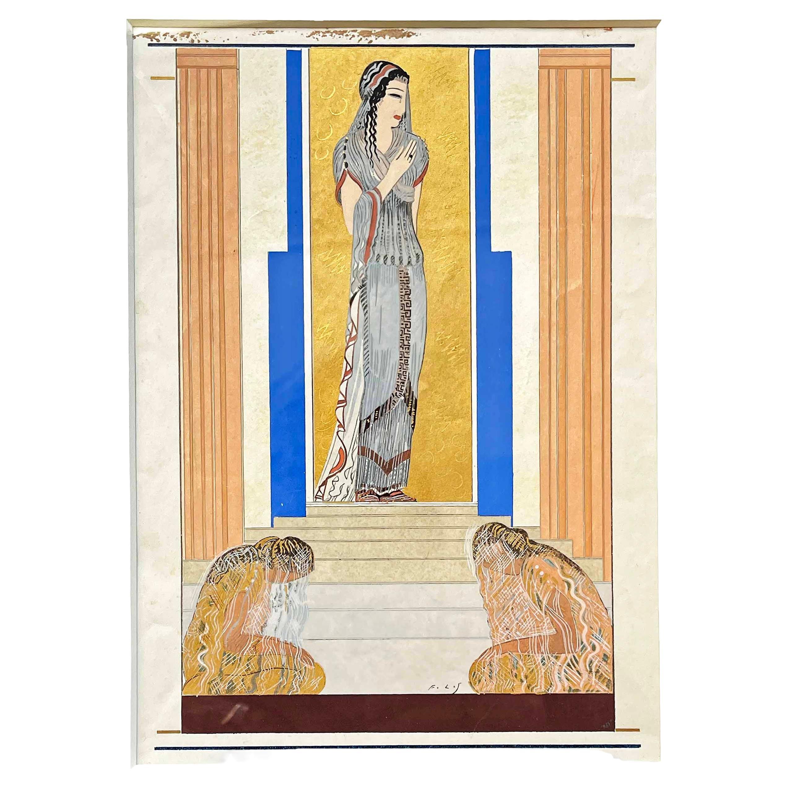 "Greek Goddess", Original Art Deco Painting for "L'Odyssée" by Schmied, 1928 For Sale