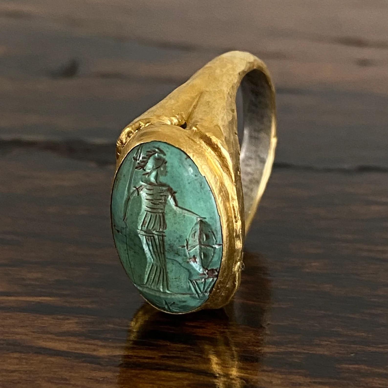 Oval Cut Greek Goddess w/ Vase Carved Green Turquoise Cocktail Ring, Hammered 24K Gold