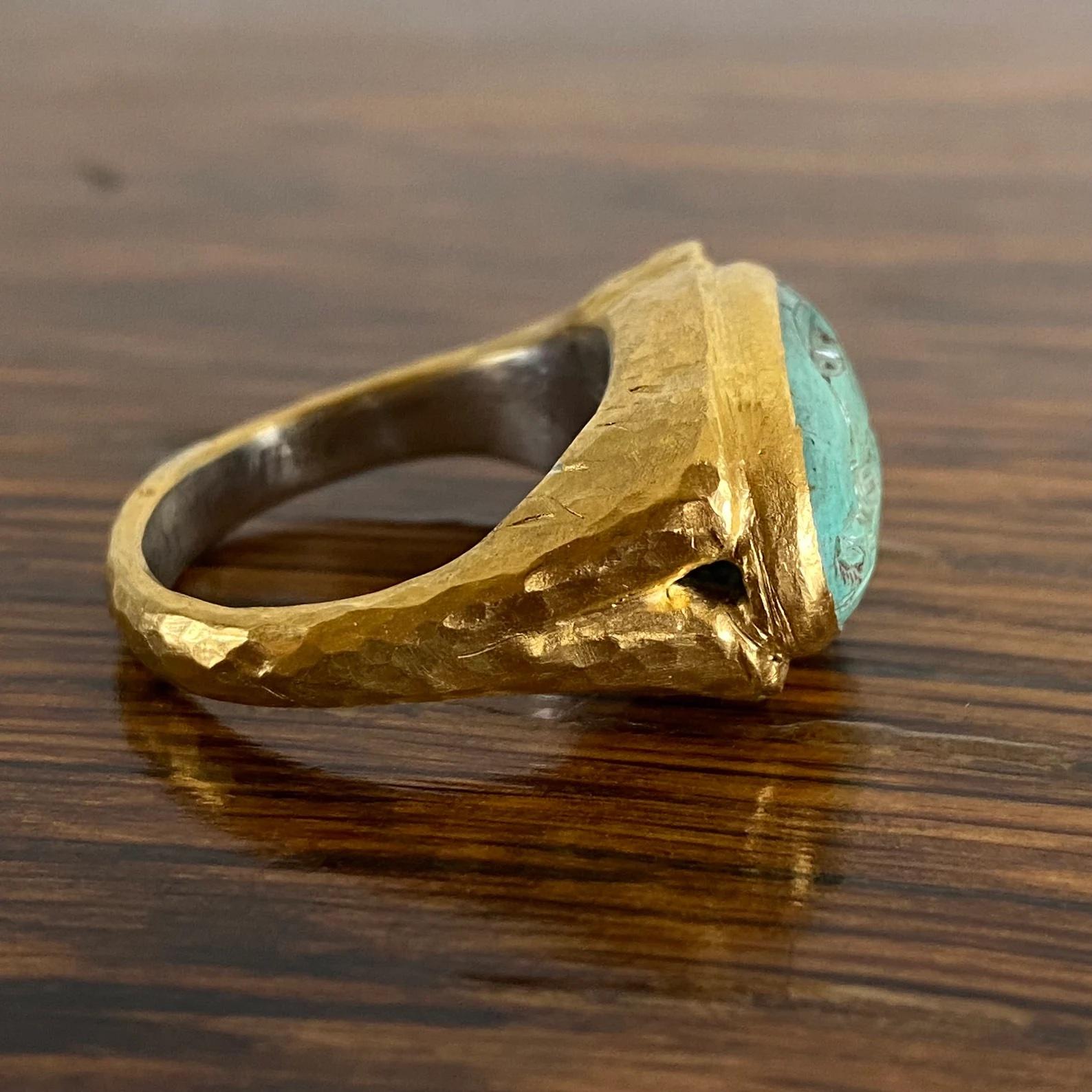 Greek Goddess w/ Vase Carved Green Turquoise Cocktail Ring, Hammered 24K Gold In New Condition In Bozeman, MT