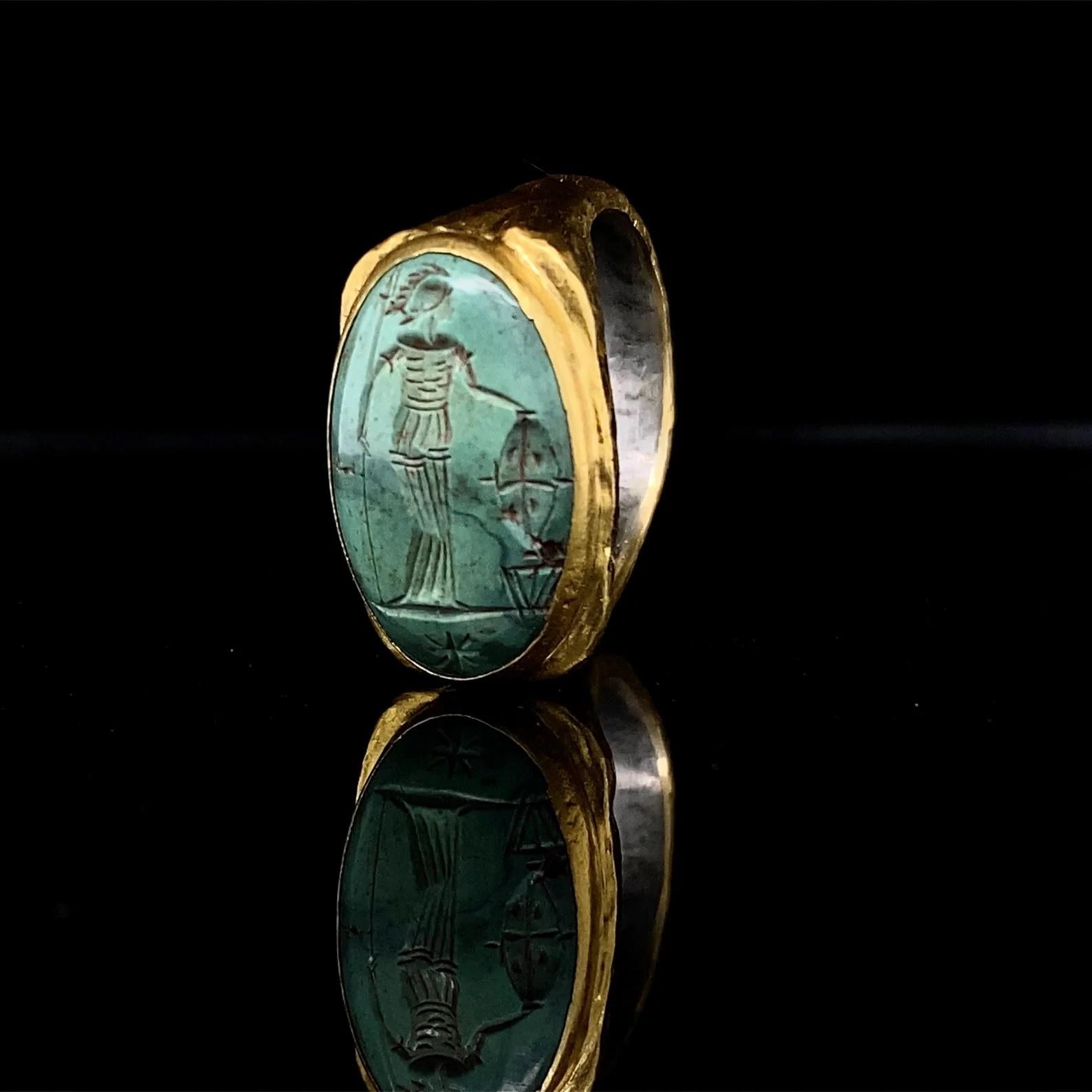 Women's or Men's Greek Goddess w/ Vase Carved Green Turquoise Cocktail Ring, Hammered 24K Gold