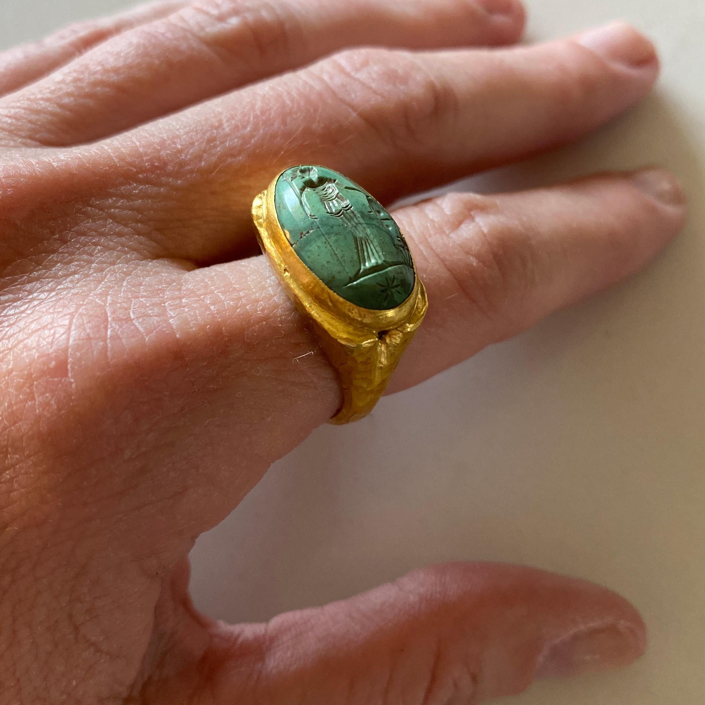 Artisan Greek Goddess w/ Vase Carved Green Turquoise Cocktail Ring, Hammered 24K Gold