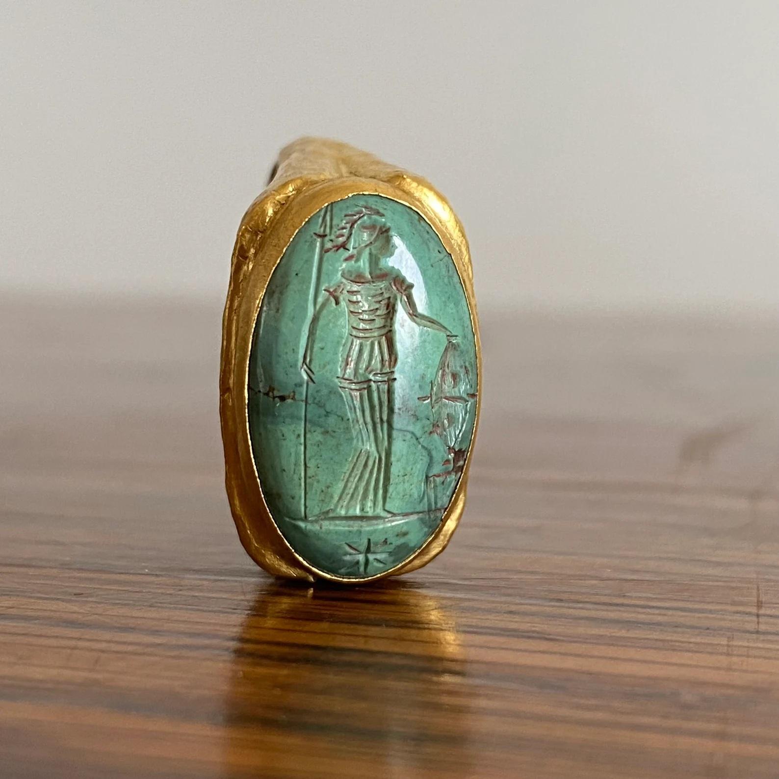 Greek Goddess w/ Vase Carved Green Turquoise Cocktail Ring, Hammered 24K Gold 1