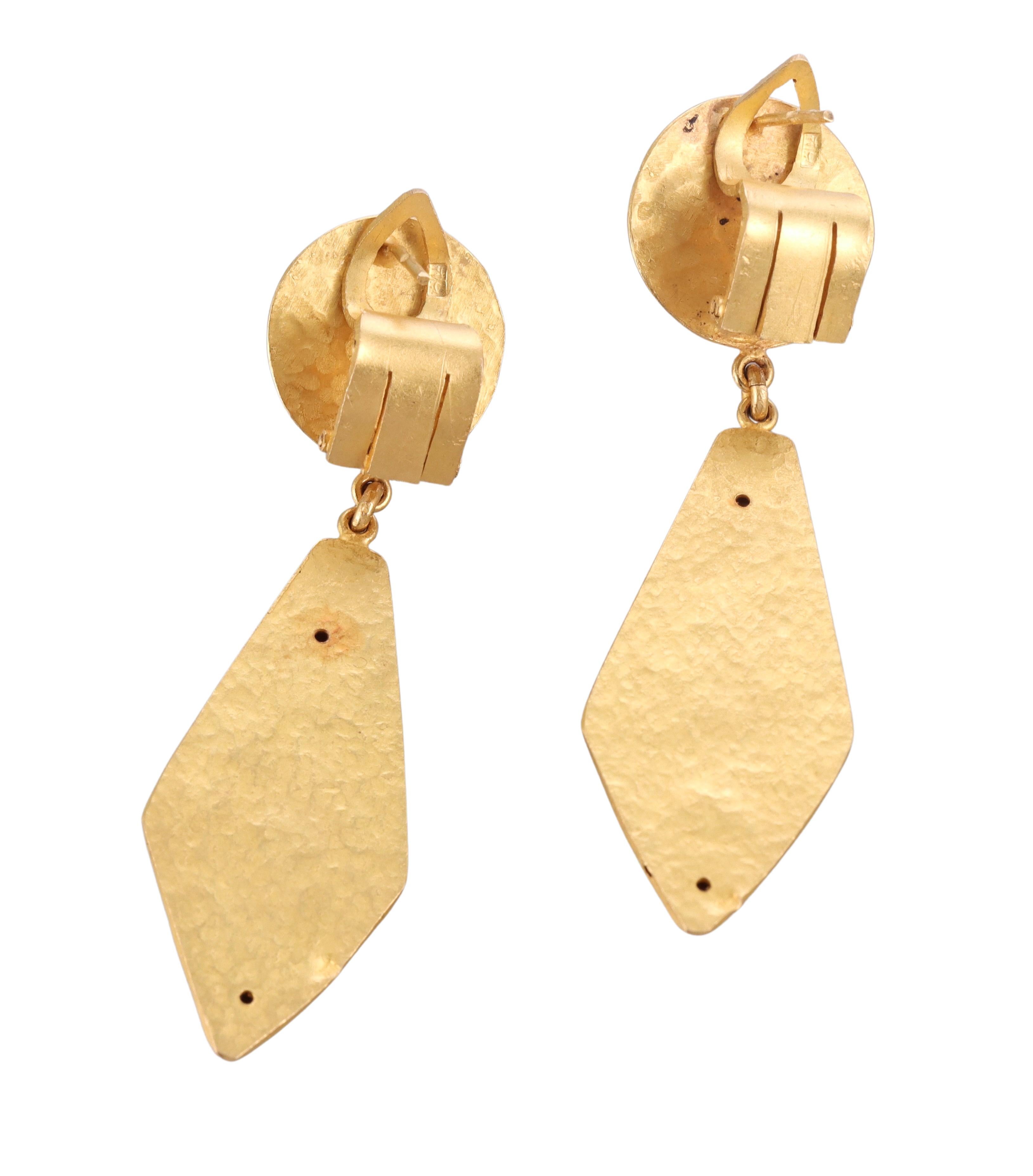 Pair of Greek made in 18k hand hammered yellow gold earrings, featuring movable drops. Earrings measure 2.5