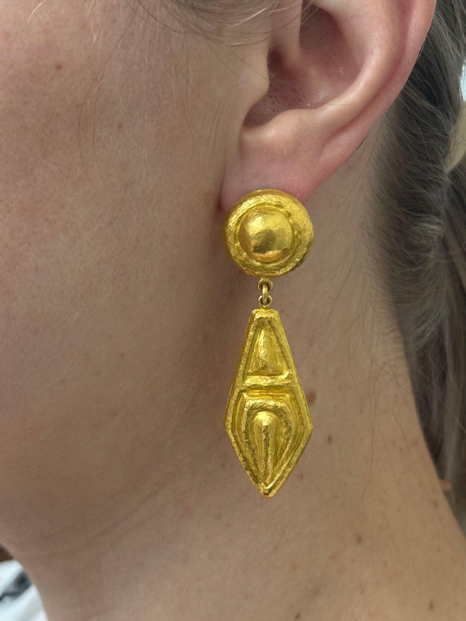 Greek Hand Hammered Finish Gold Drop Earrings For Sale 2