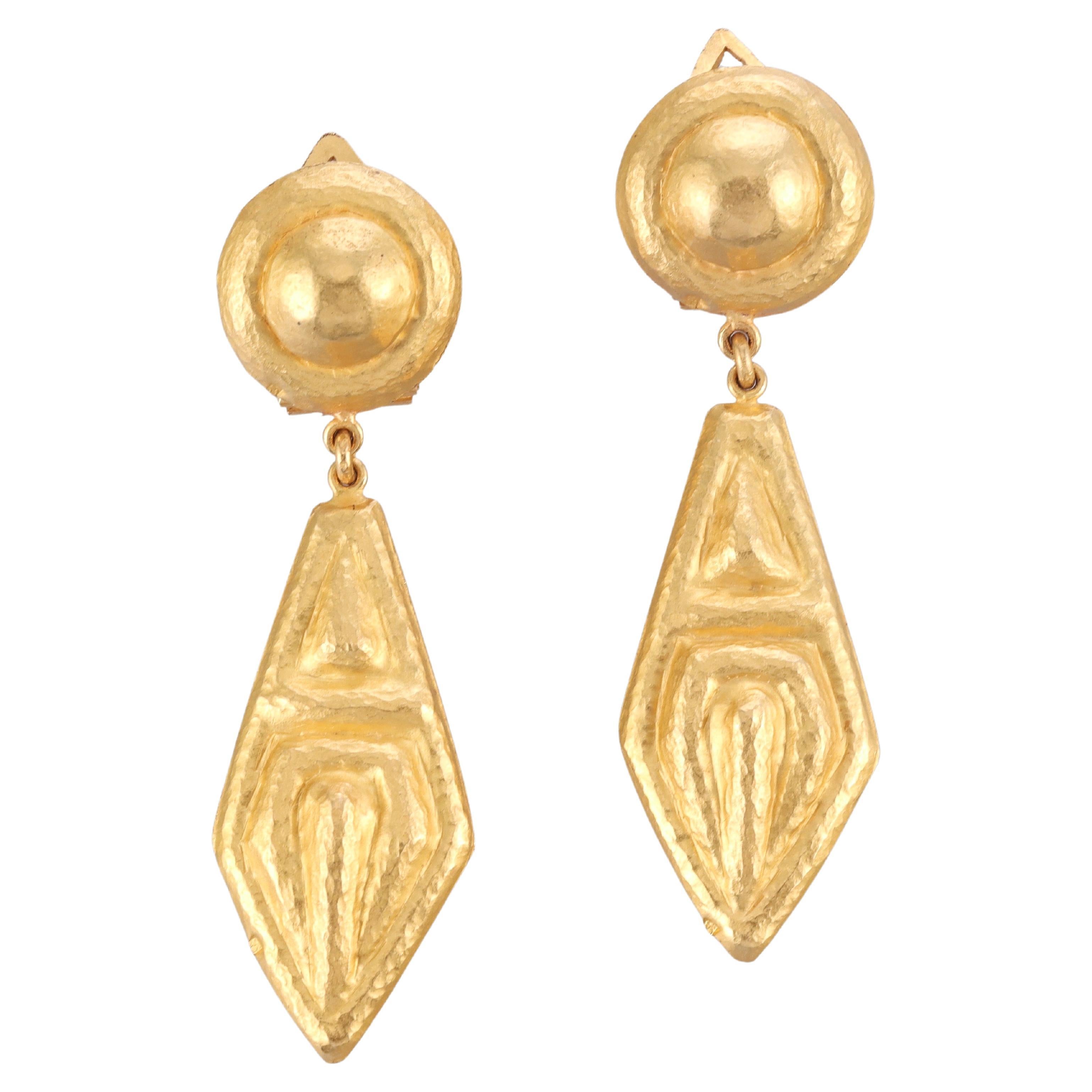 Greek Hand Hammered Finish Gold Drop Earrings For Sale