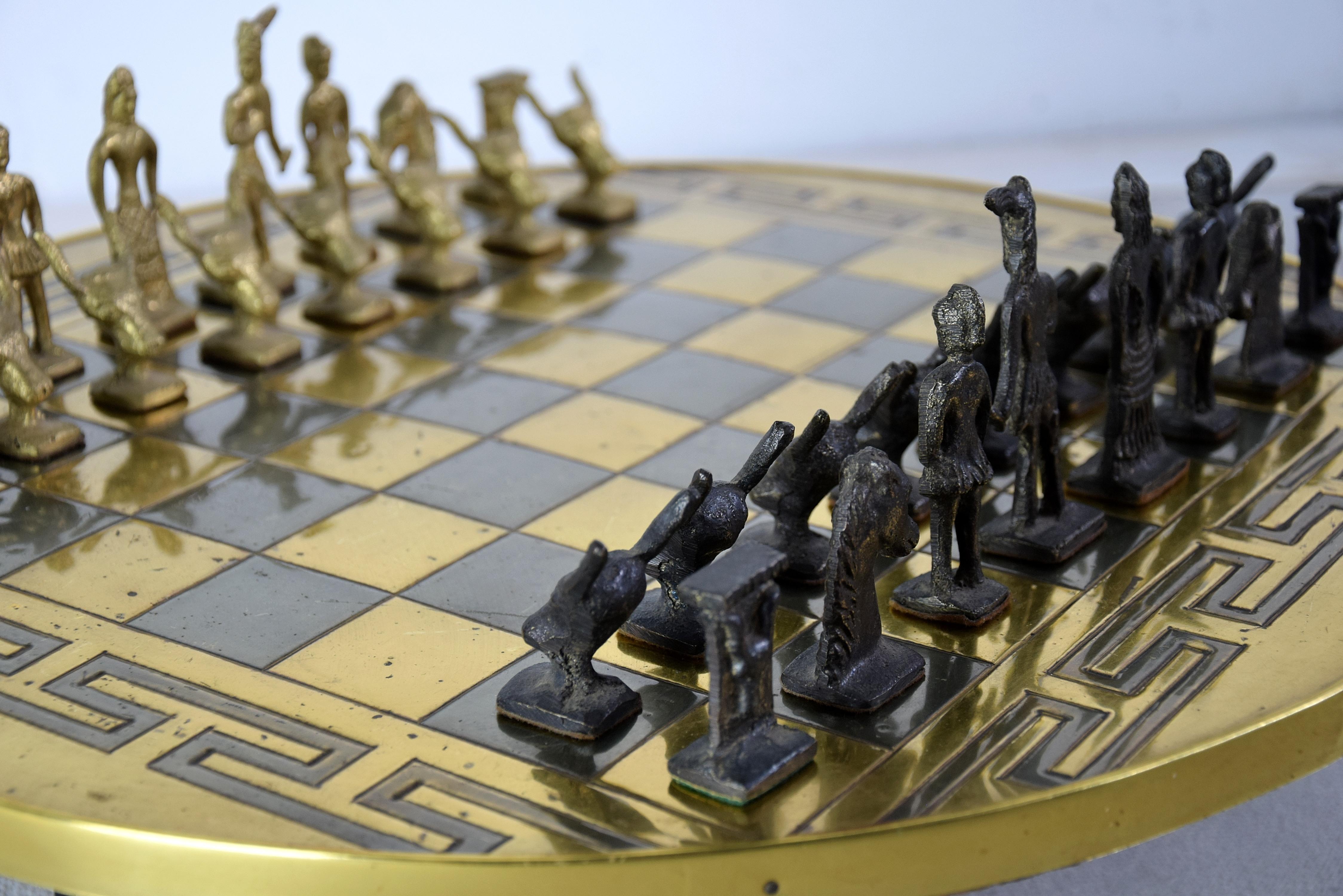 Greek Handmade Hollywood Regency Brass Chess Set In Good Condition In Weesp, NL