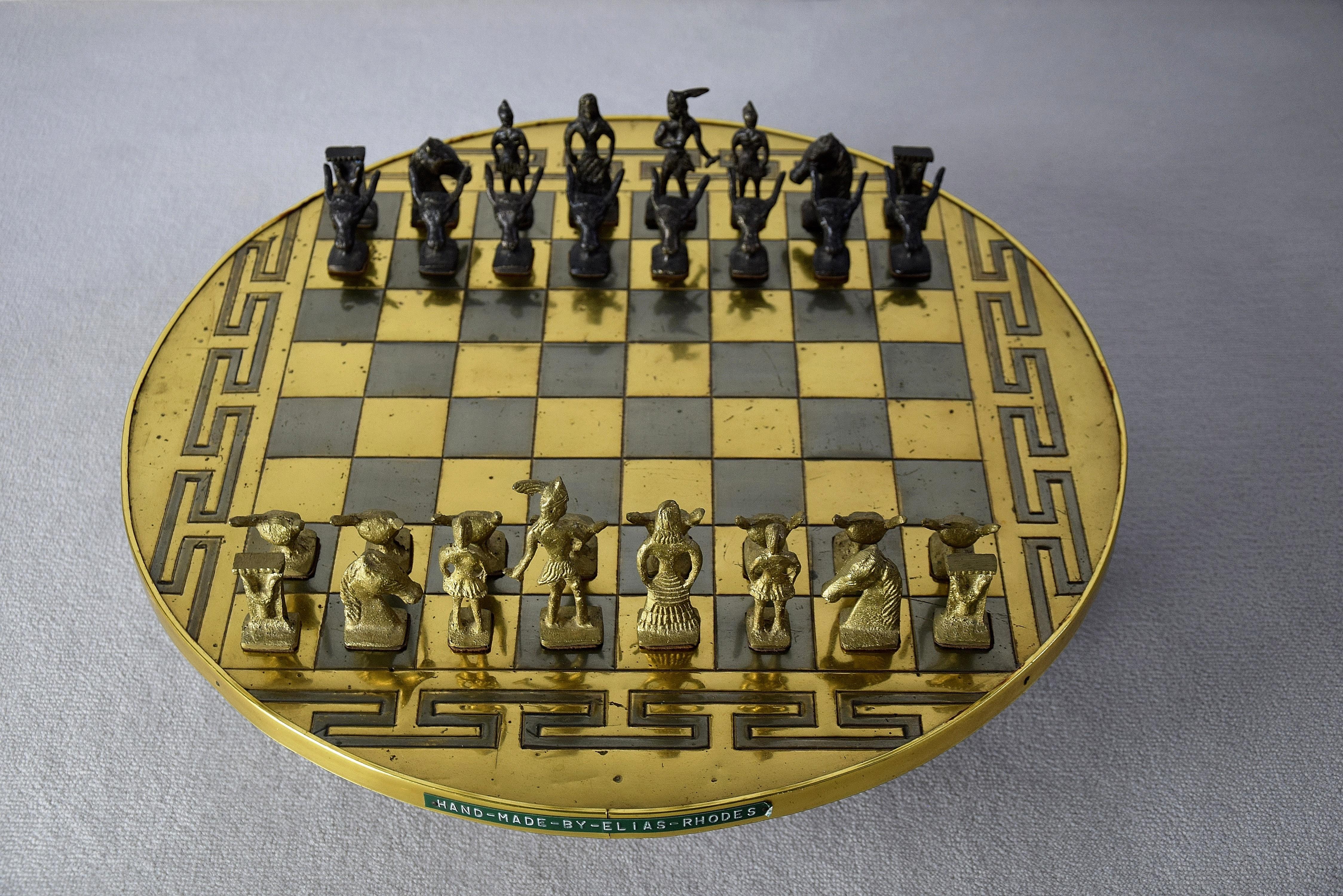 Late 20th Century Greek Handmade Hollywood Regency Brass Chess Set