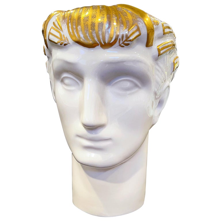 "Greek Head," Art Deco Porcelain Vase in White and Gold by De Vegh, 1930s For Sale