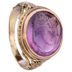Greek Hellenistic Amethyst Intaglio of a Youth, 19th-Century Gold Ring.
