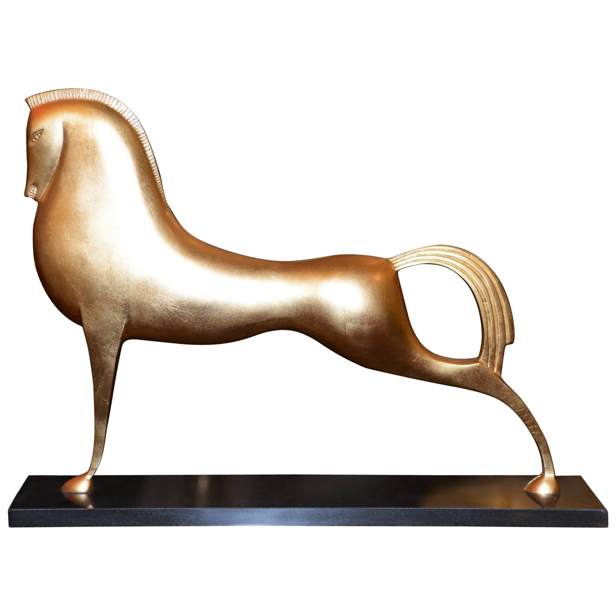 Greek Horse Sculpture in Solid Bronze in Gold Leaf Finish