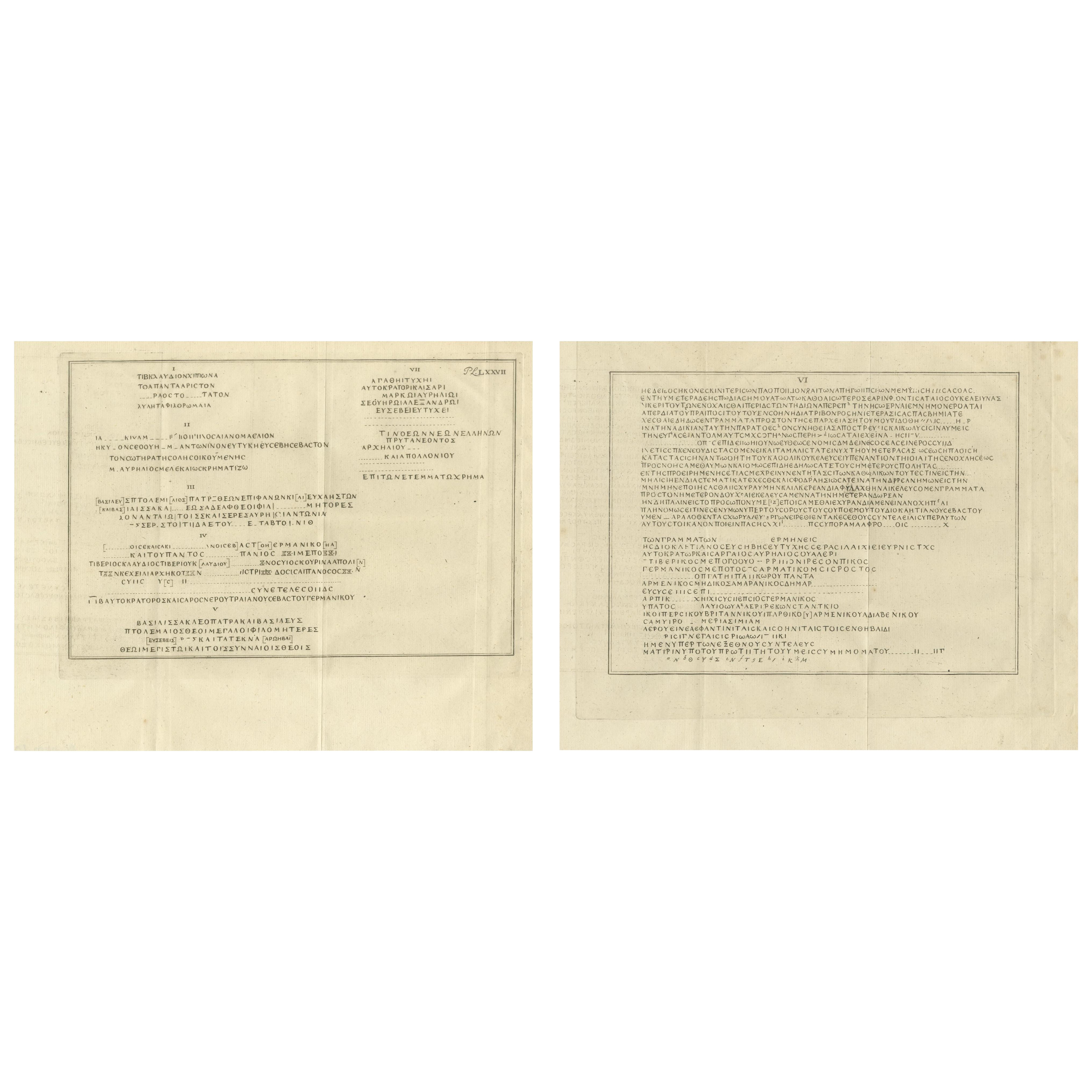 Inscripciones griegas de Egipto - Impresión antigua de textos antiguos, Pococke 1776