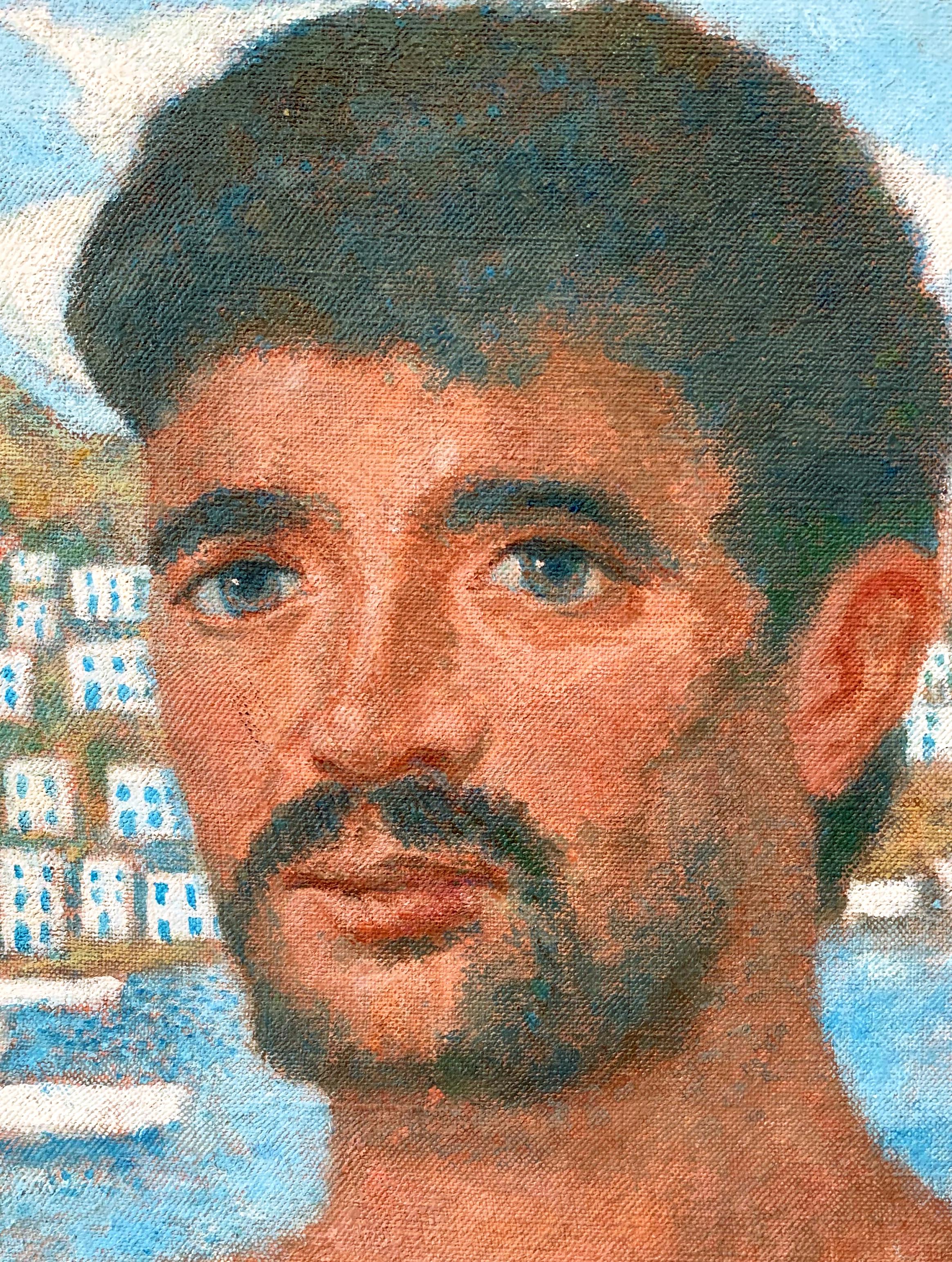 Vividly painted in a palette of white, brilliant blue and ruddy skin tones, this portrait of a bearded Greek youth with ruddy complexion and green eyes was painted by Julius Bloch in the late 1950s or early 1960s. Bloch was fascinated by African