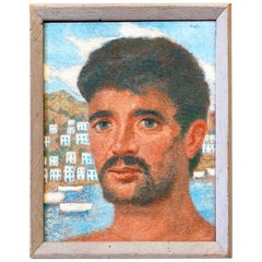 "Isleño griego", vivo retrato de figura masculina griega con fondo del mar Egeo