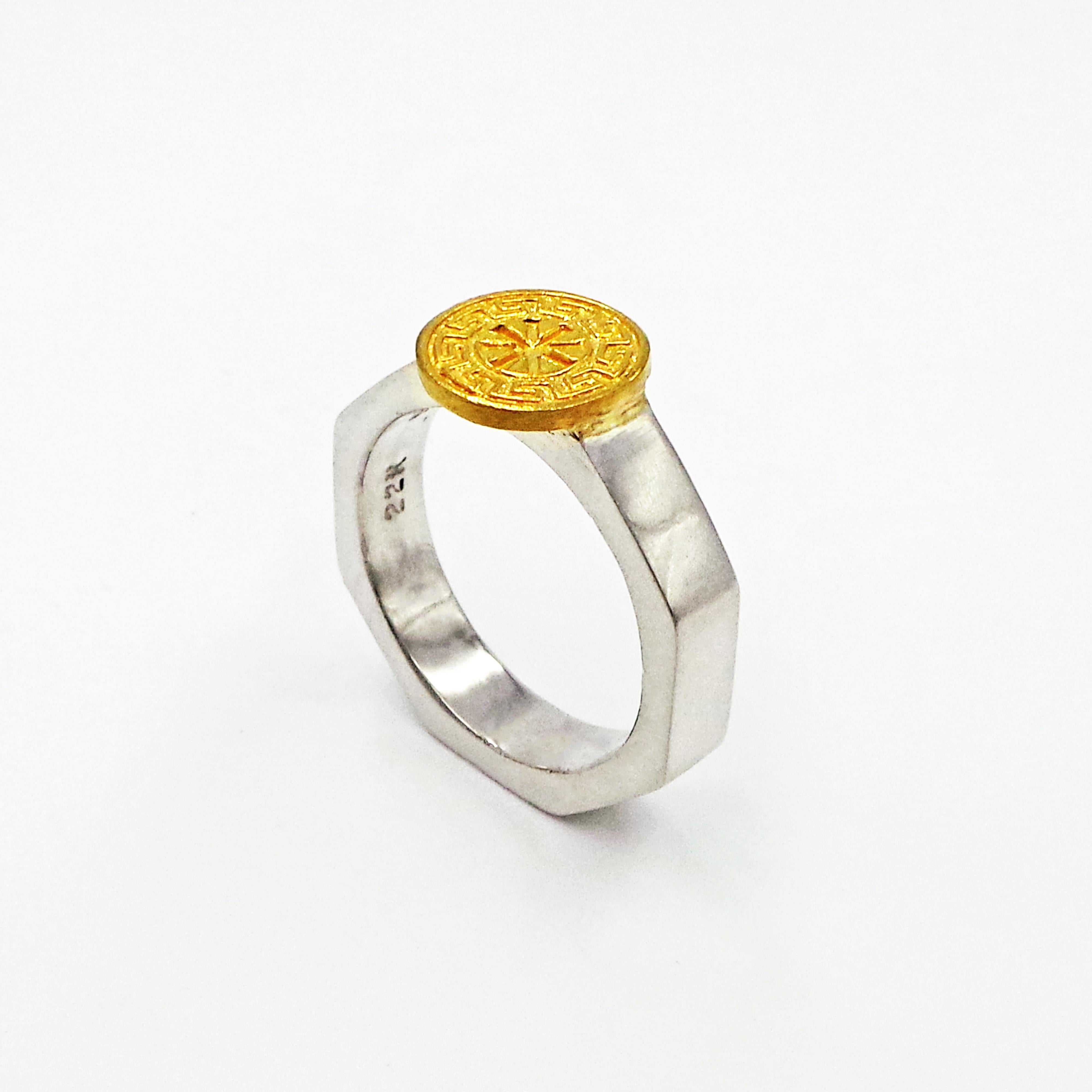 22k yellow gold disc with Greek Ixthus or Ichthus ancient symbol on a sterling silver octagon-shaped ring. Size 7.