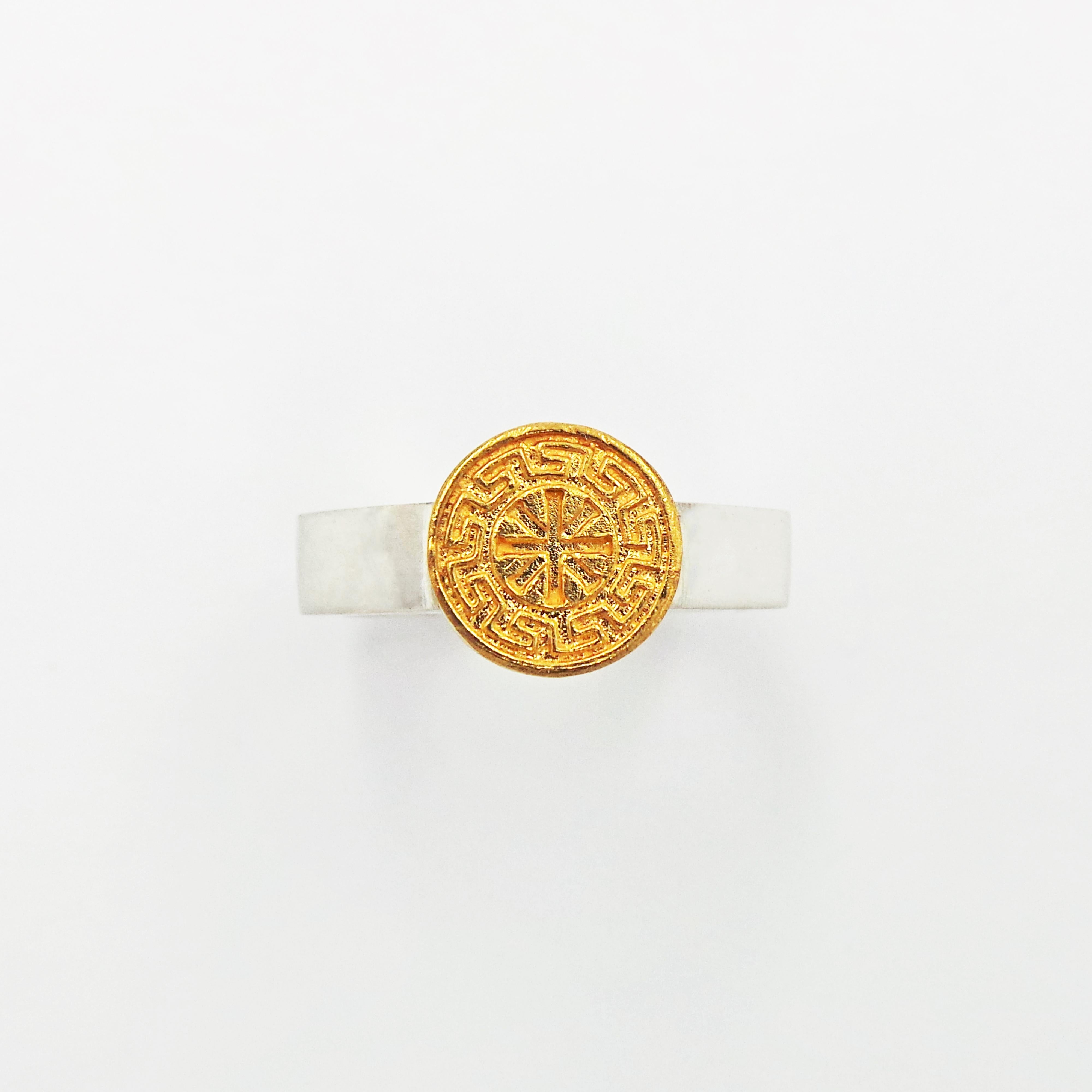 Greek Ixthus Gold Signet on Sterling Silver Octagon Ring In New Condition In Naples, FL