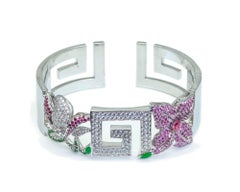 Greek Key 18 Karat Gold Diamond Tsavorite Pink Sapphire Cuff Earrings Suite Set