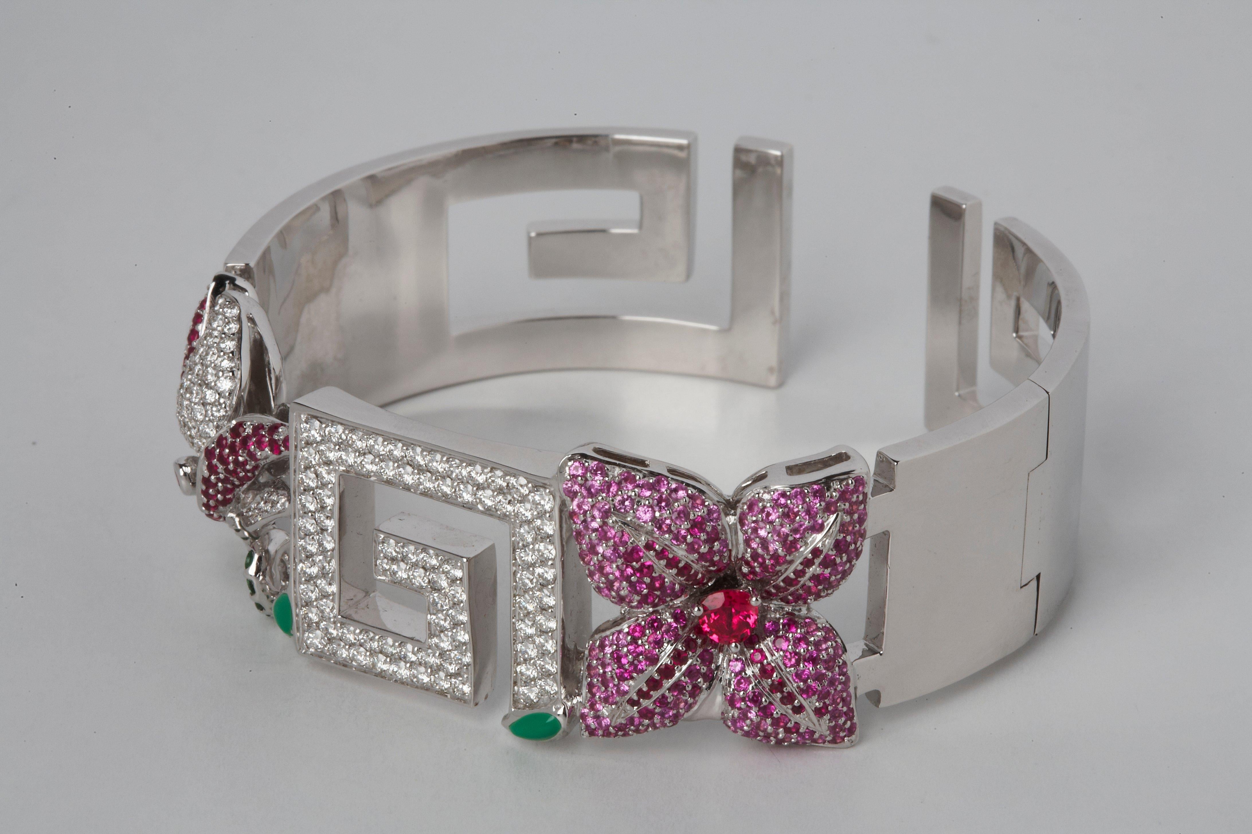Contemporary Greek Key 18 Karat Gold Diamond Tsavorite Pink Sapphire Cuff Earrings Suite Set For Sale