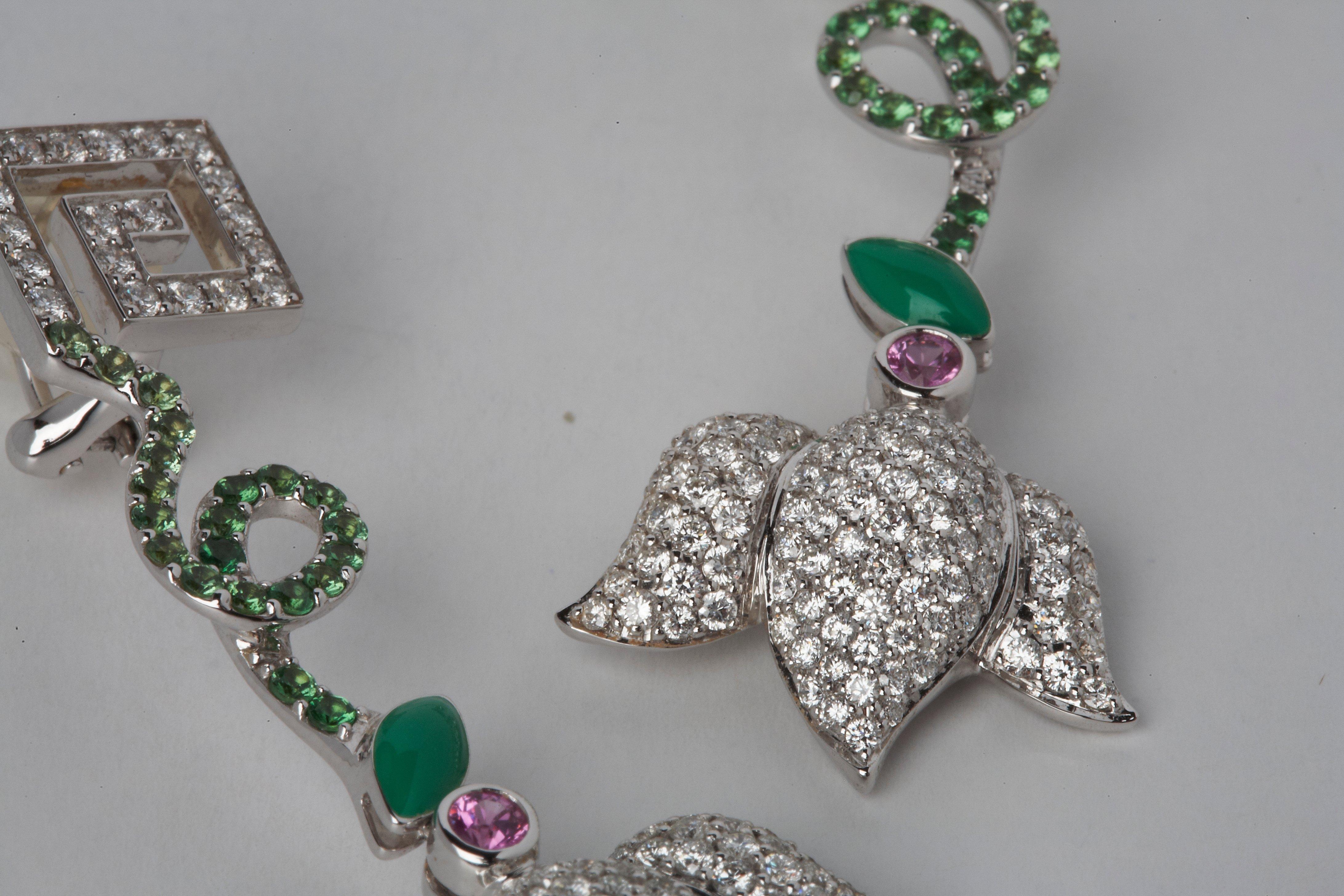 Greek Key 18 Karat Gold Diamond Tsavorite Pink Sapphire Cuff Earrings Suite Set For Sale 1