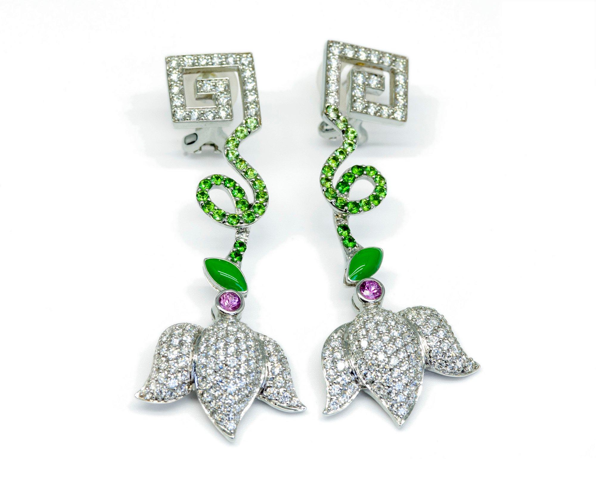 Greek Key 18 Karat Gold Diamond Tsavorite Pink Sapphire Cuff Earrings Suite Set For Sale 2