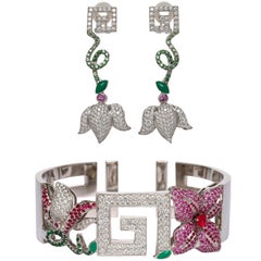 Greek Key 18 Karat Gold Diamond Tsavorite Pink Sapphire Cuff Earrings Suite Set