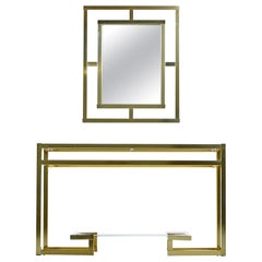 Greek Key 1970s Hollywood Regency Tubular Gold Aluminum Console and Mirror