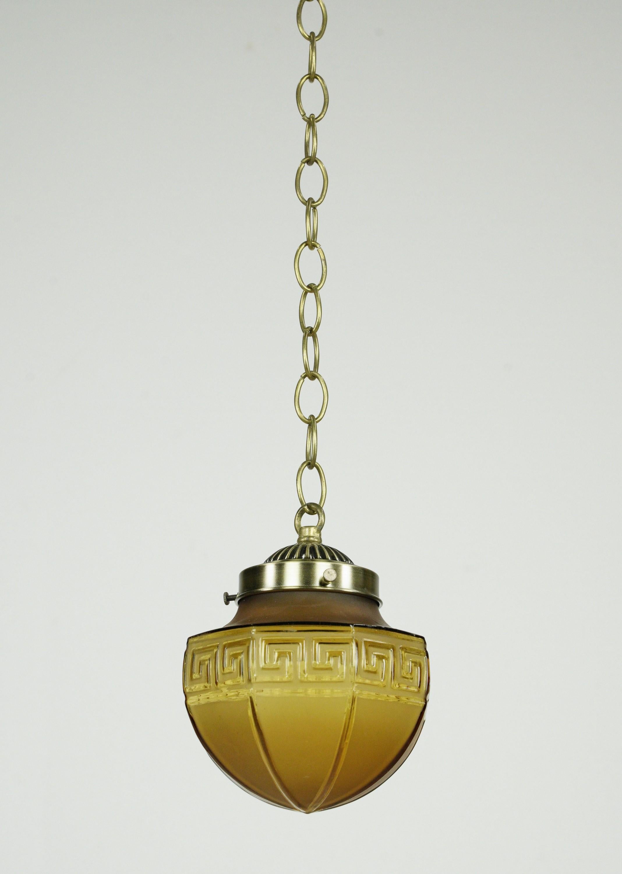 20th Century Greek Key Amber Glass & Steel Chain Pendant Light For Sale