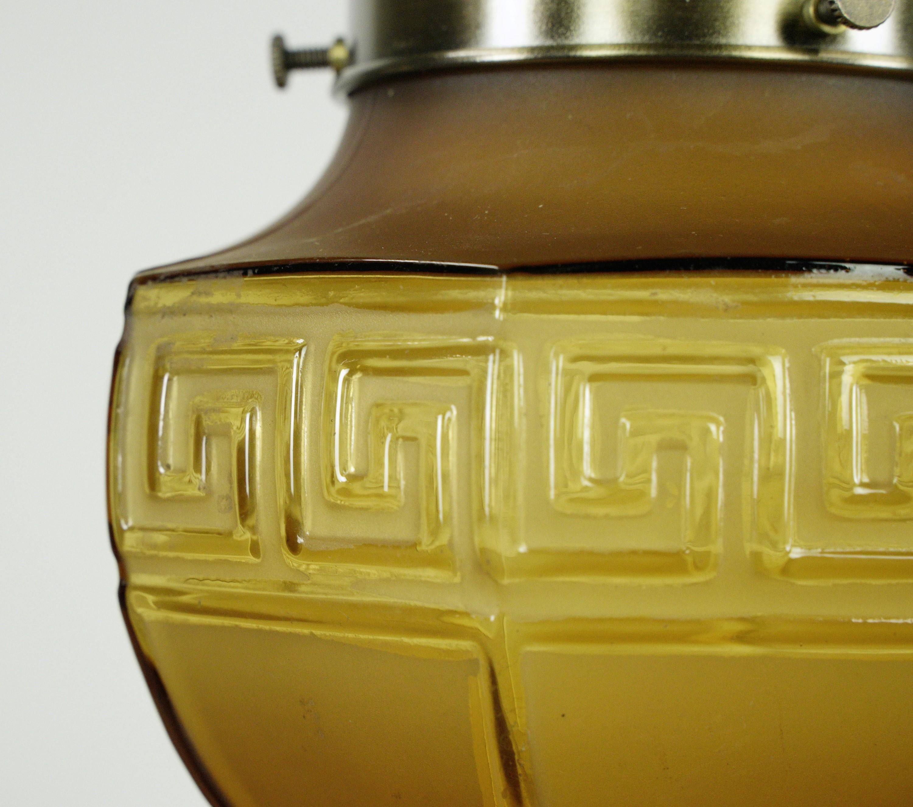 Greek Key Amber Glass & Steel Chain Pendant Light For Sale 2