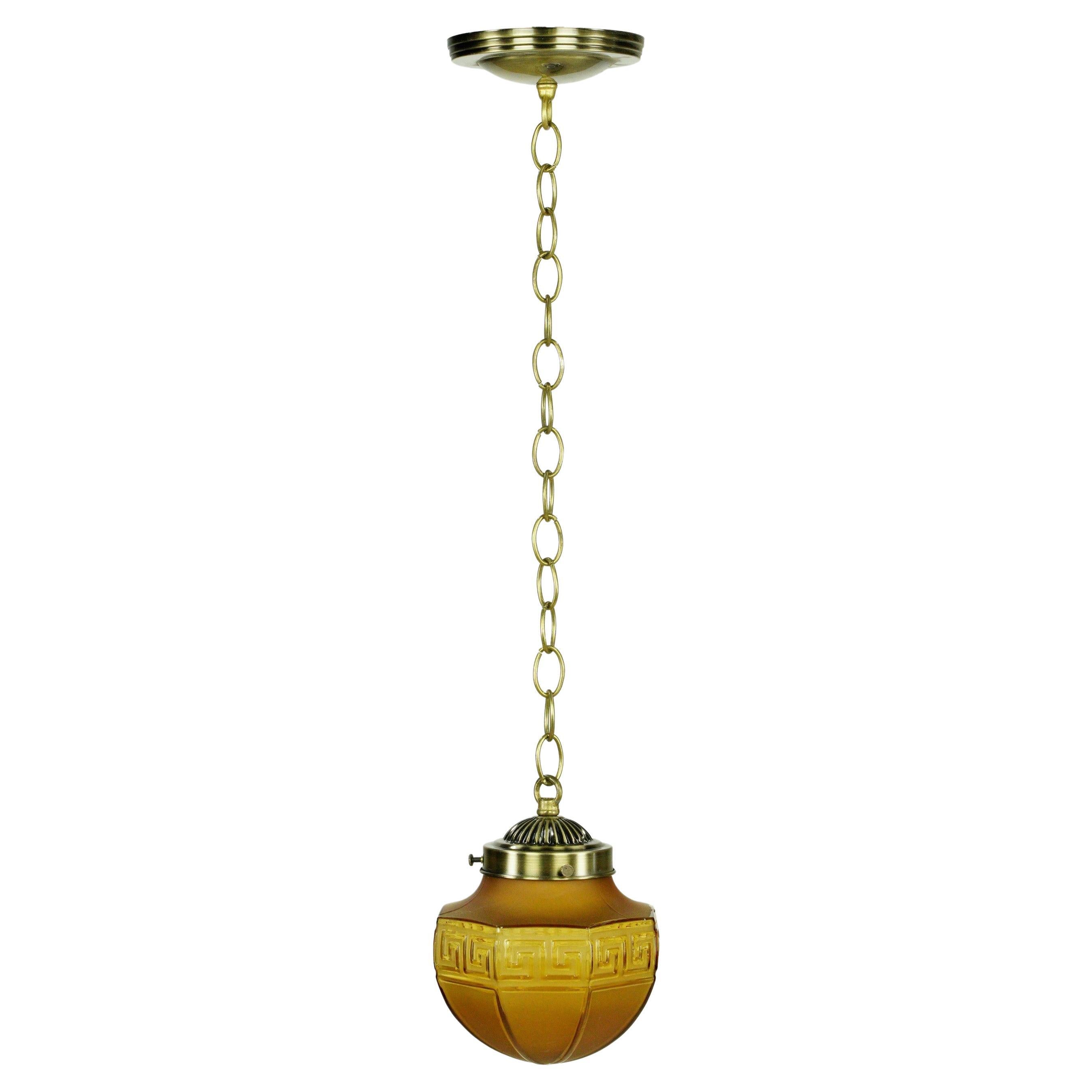 Greek Key Amber Glass & Steel Chain Pendant Light For Sale