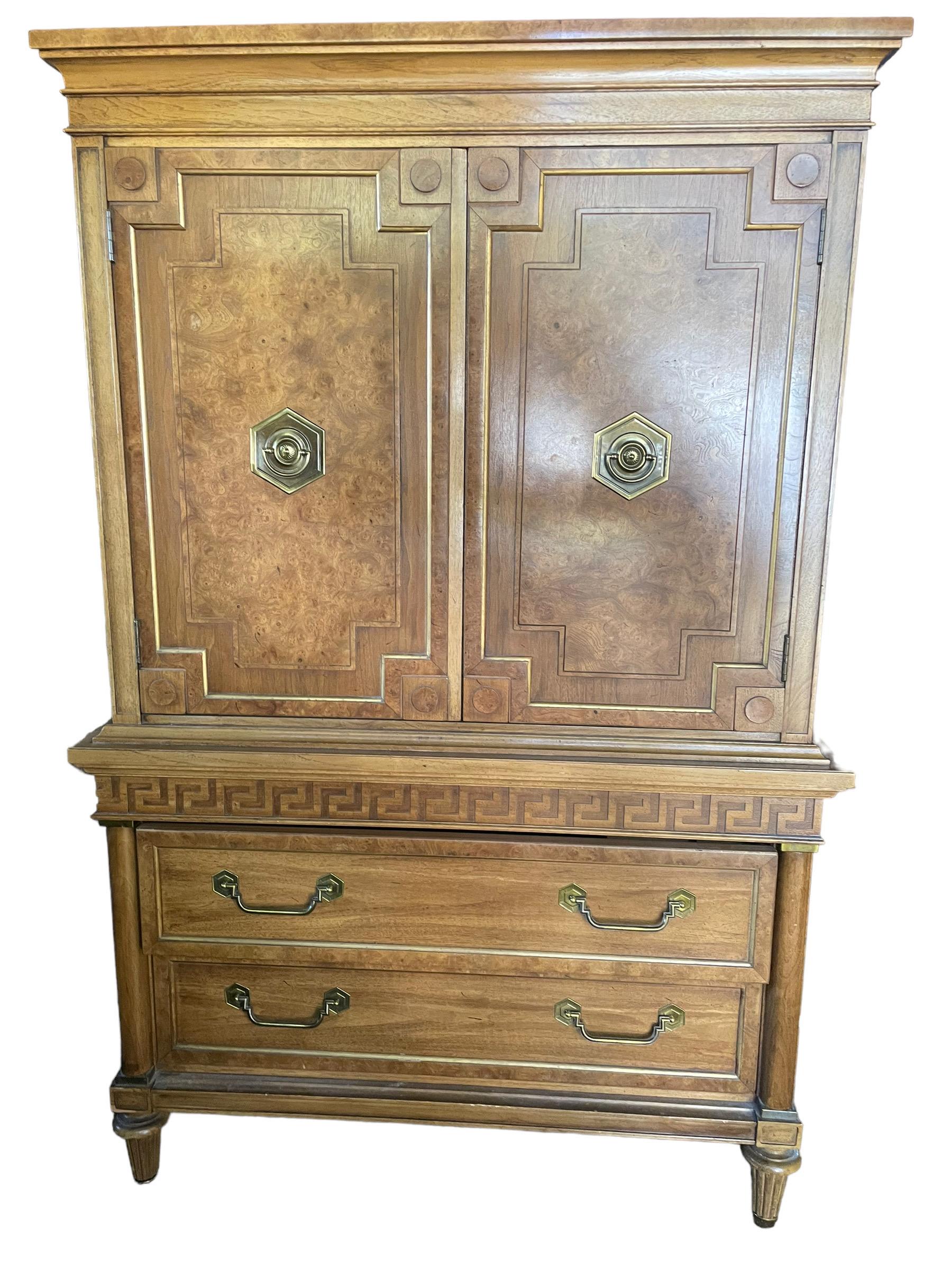 Greek Key Armoire Thomasville Tall Linen Chest Louis XVI Bedroom Armoire In Good Condition In Rochester, NY