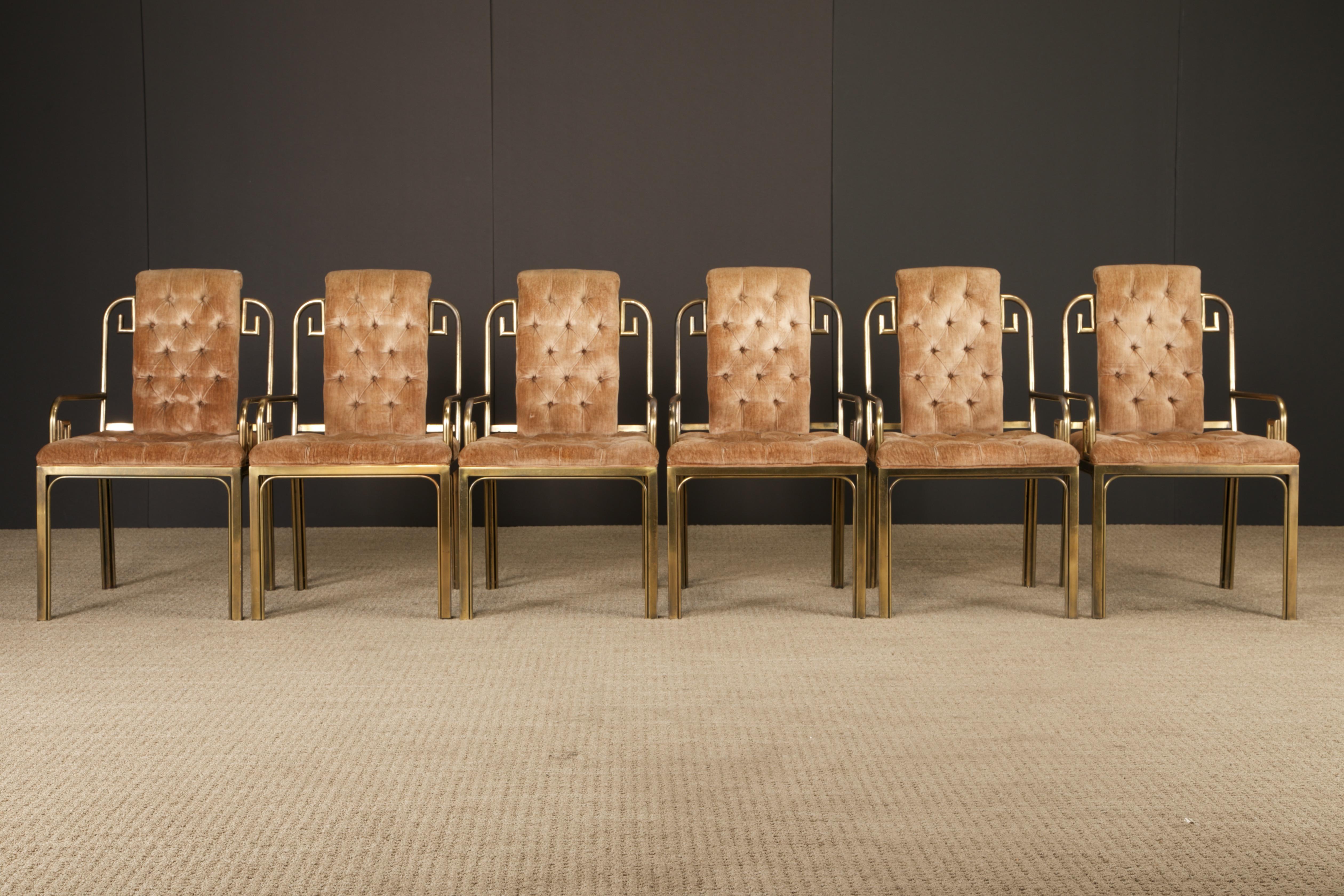 An elegant and sought after set of six dining chairs by Mastercraft, crafted in the 1970s and featuring the iconic Greek Key motif in patinated brass. These sculptural chairs are a quintessential example of Hollywood Regency and Mid-Century Modern