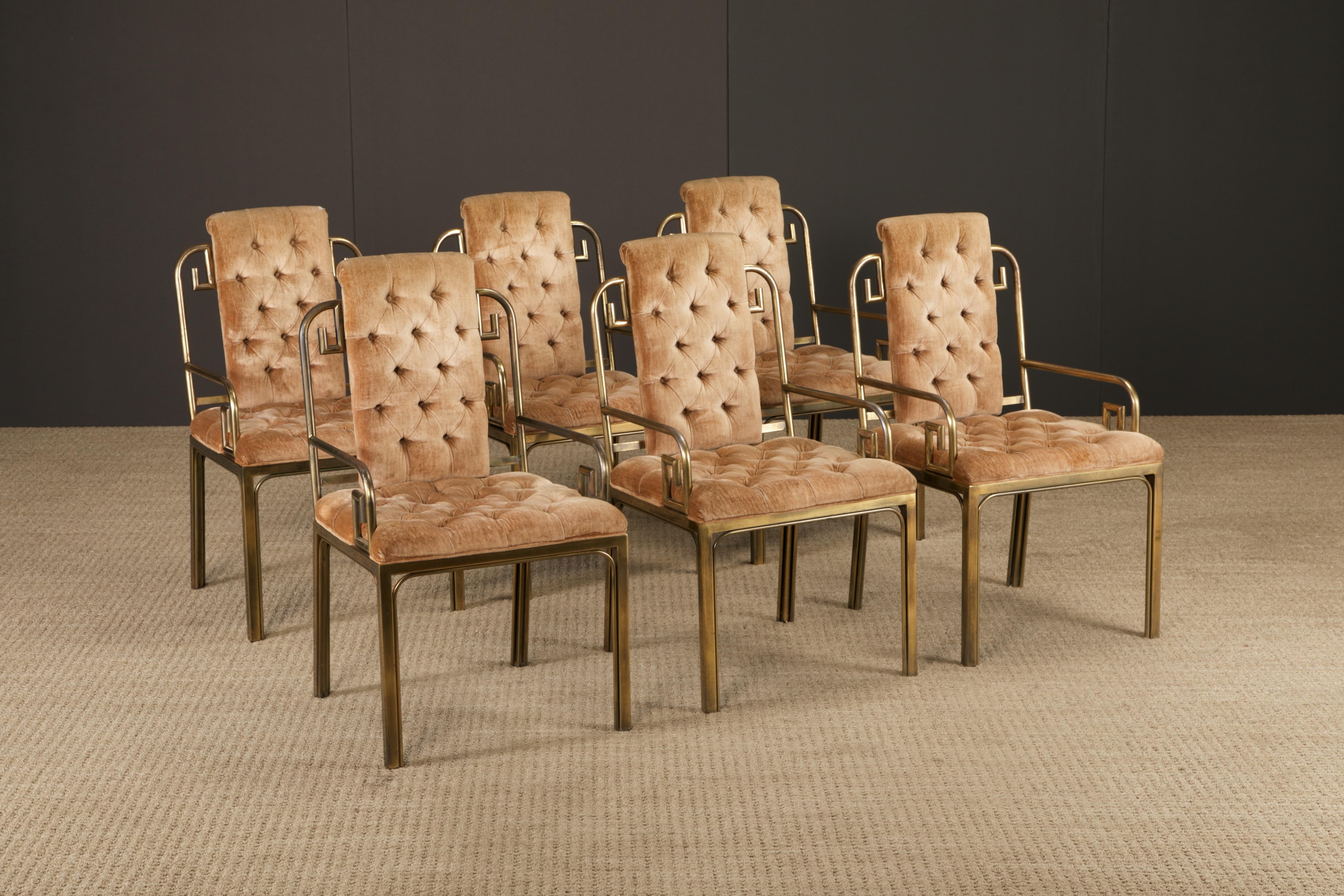 Modern Greek Key Brass & Velvet Dining Chairs by Mastercraft, c. 1970 Italy, Set of 6 For Sale