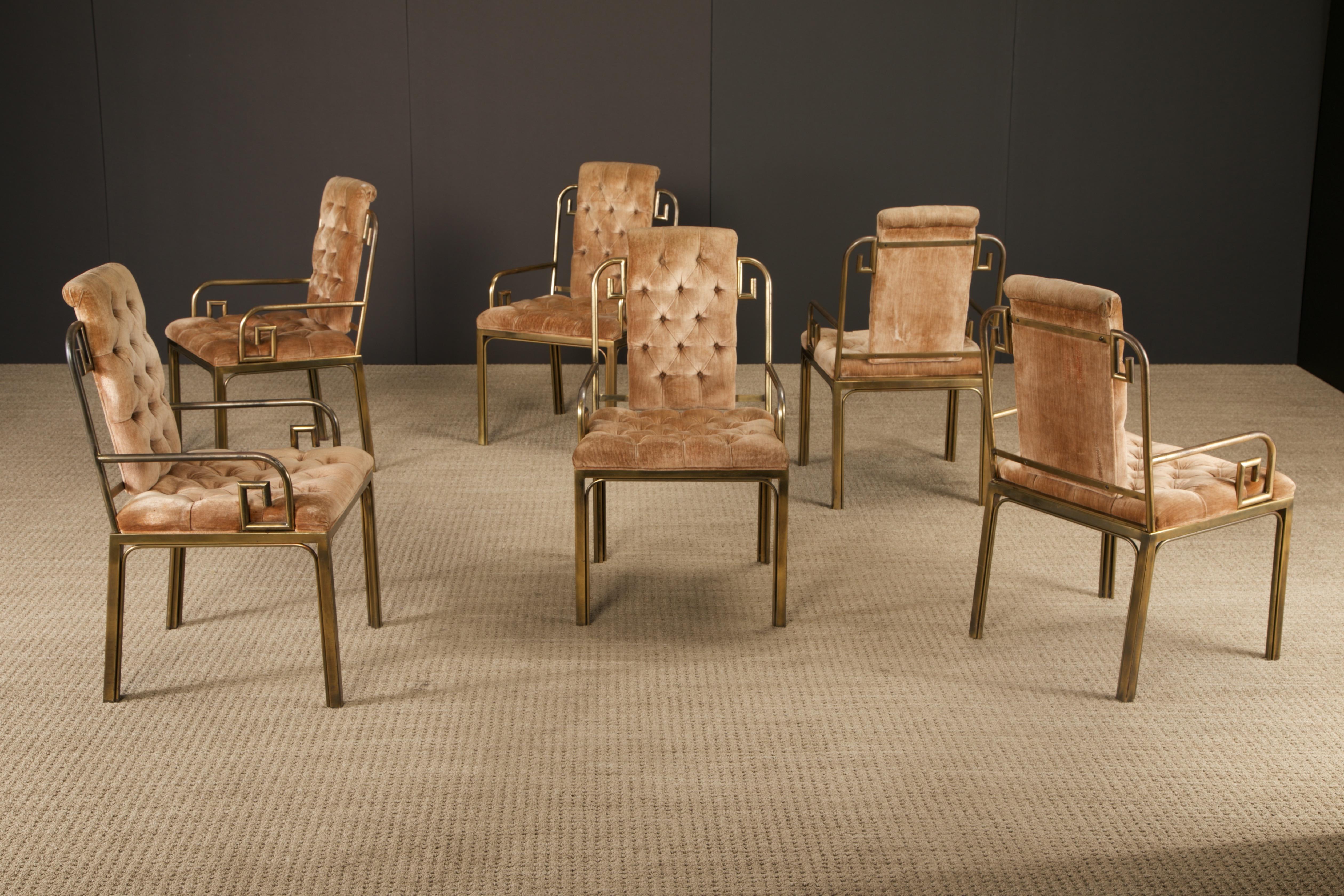 American Greek Key Brass & Velvet Dining Chairs by Mastercraft, c. 1970 Italy, Set of 6 For Sale