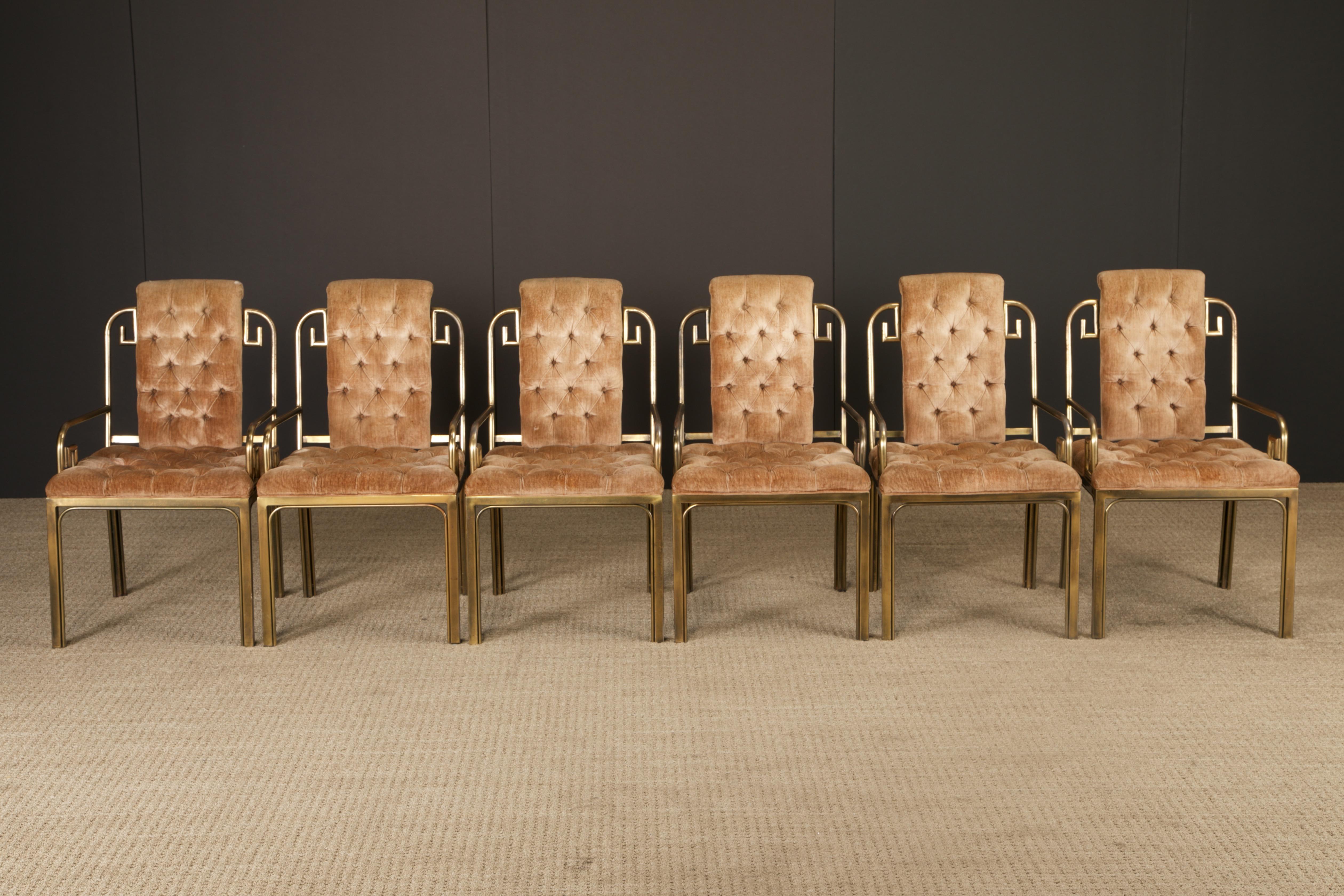 Greek Key Brass & Velvet Dining Chairs by Mastercraft, c. 1970 Italy, Set of 6 In Good Condition For Sale In Los Angeles, CA