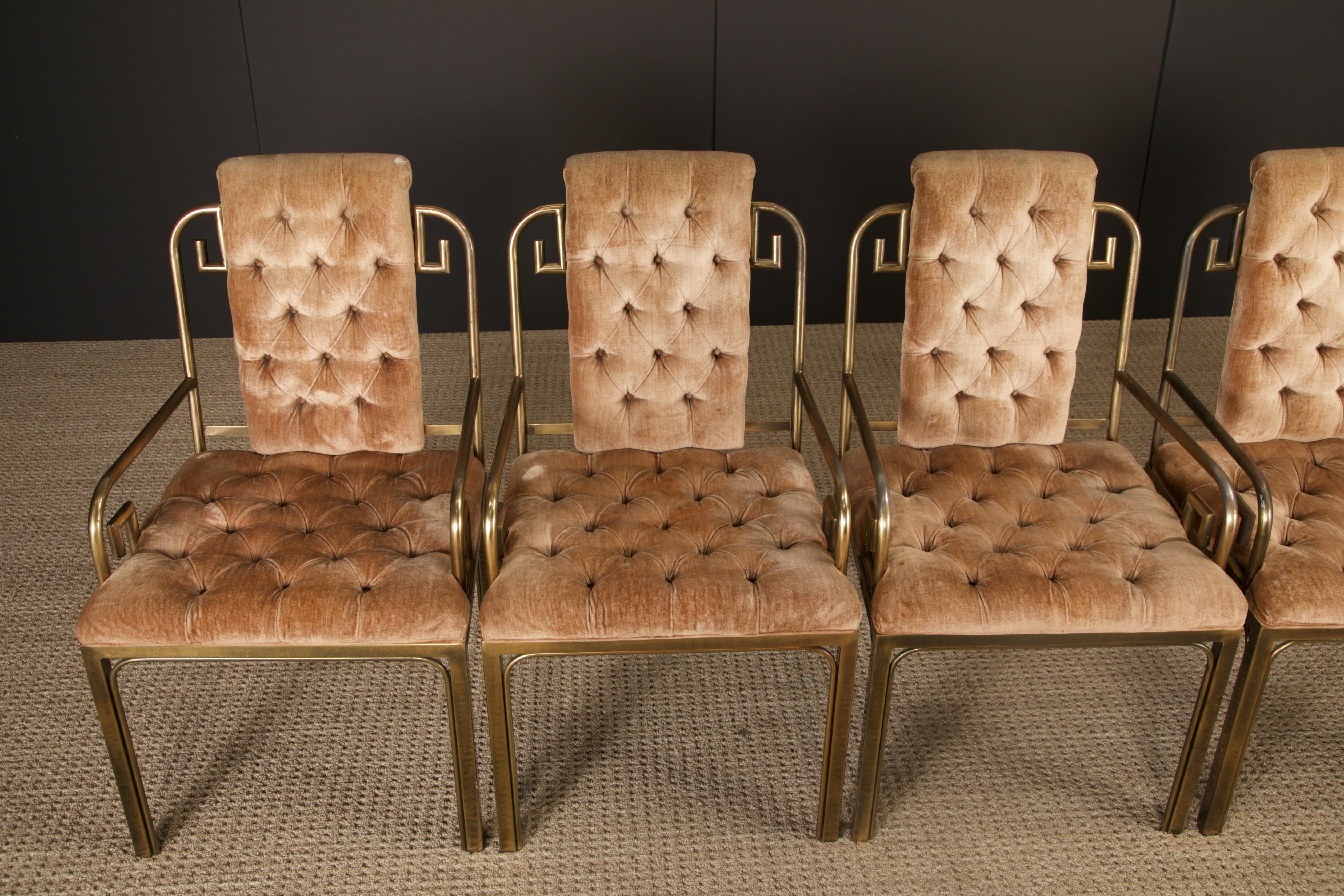 Late 20th Century Greek Key Brass & Velvet Dining Chairs by Mastercraft, c. 1970 Italy, Set of 6 For Sale