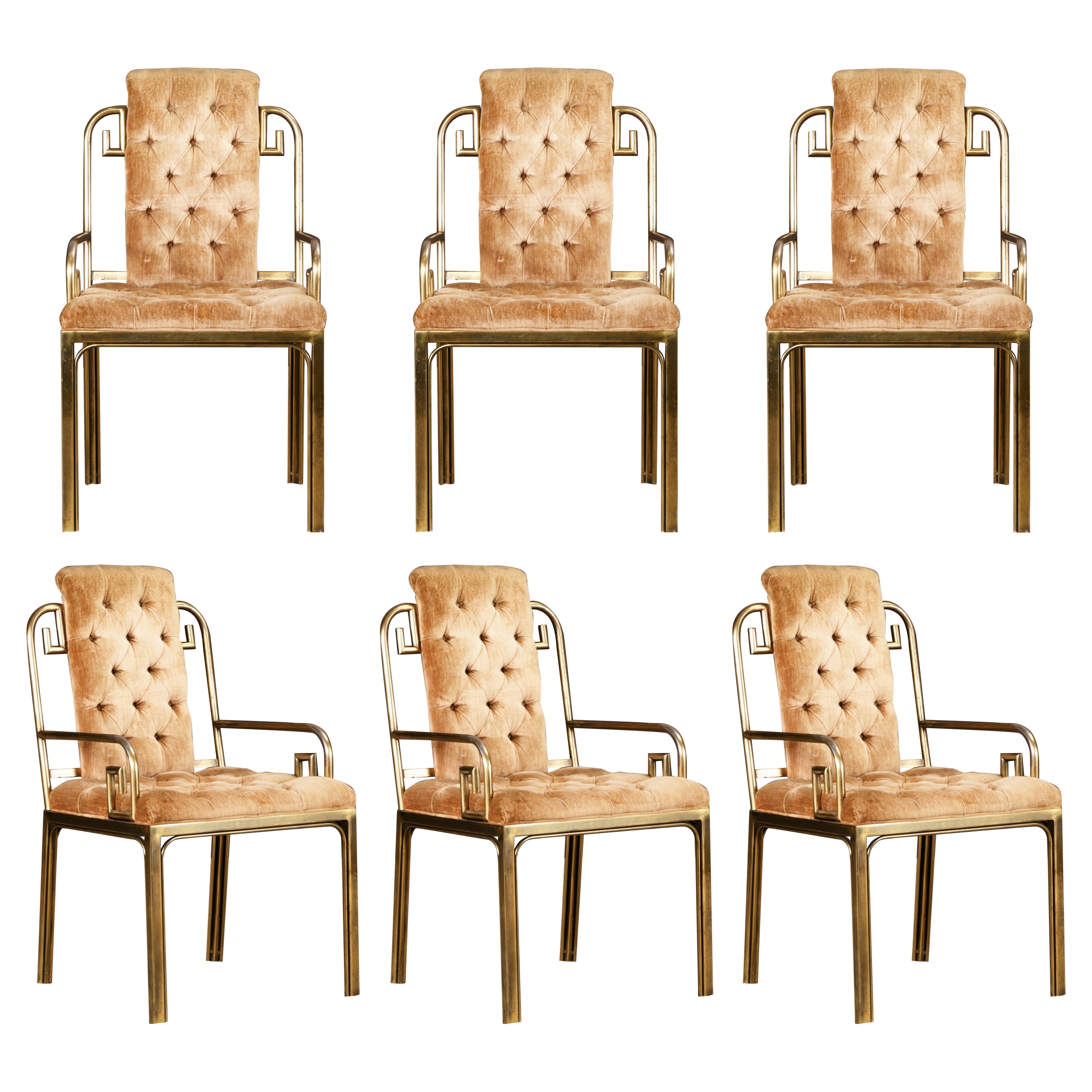 Greek Key Brass & Velvet Dining Chairs by Mastercraft, c. 1970 Italy, Set of 6 For Sale