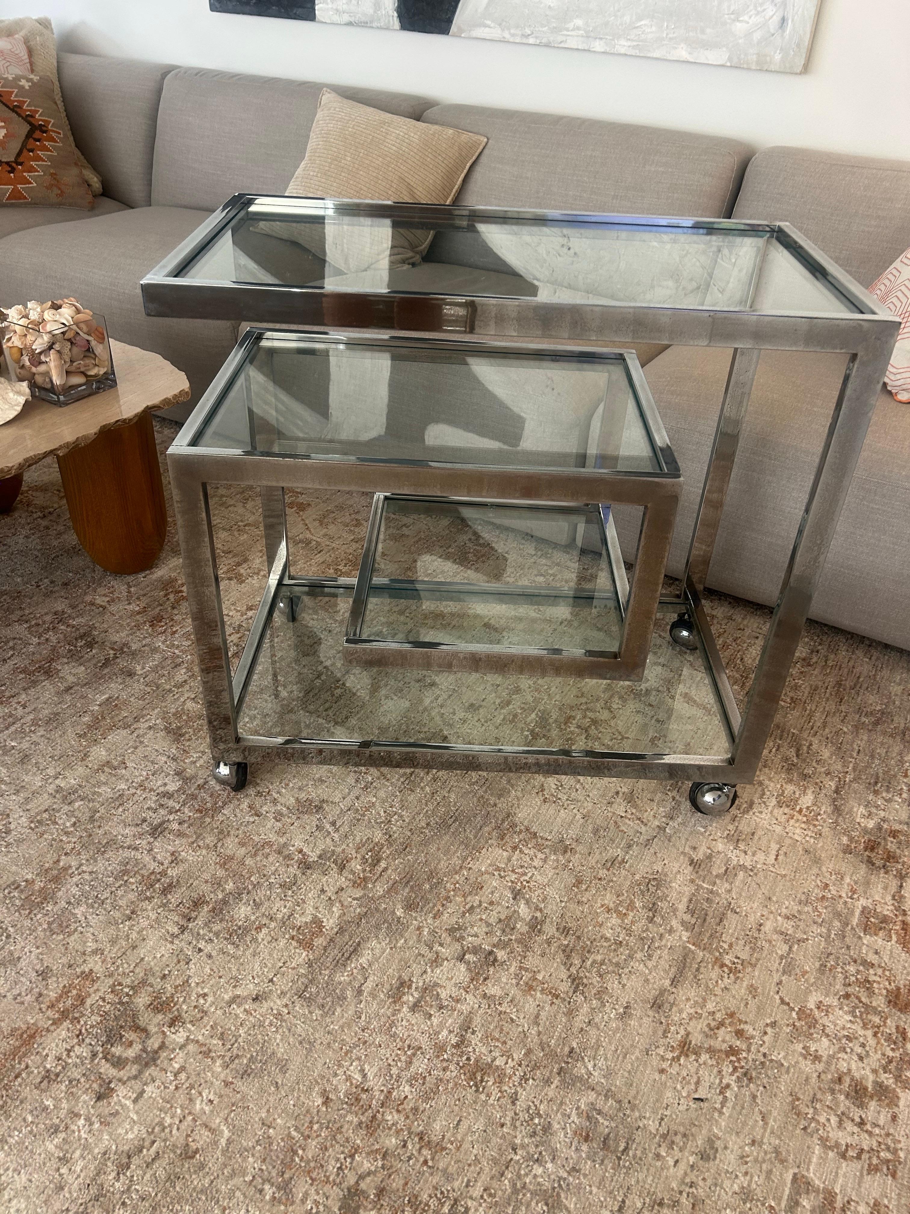 Greek key chromed  steel bar  cart after Milo Baughman For Sale 5